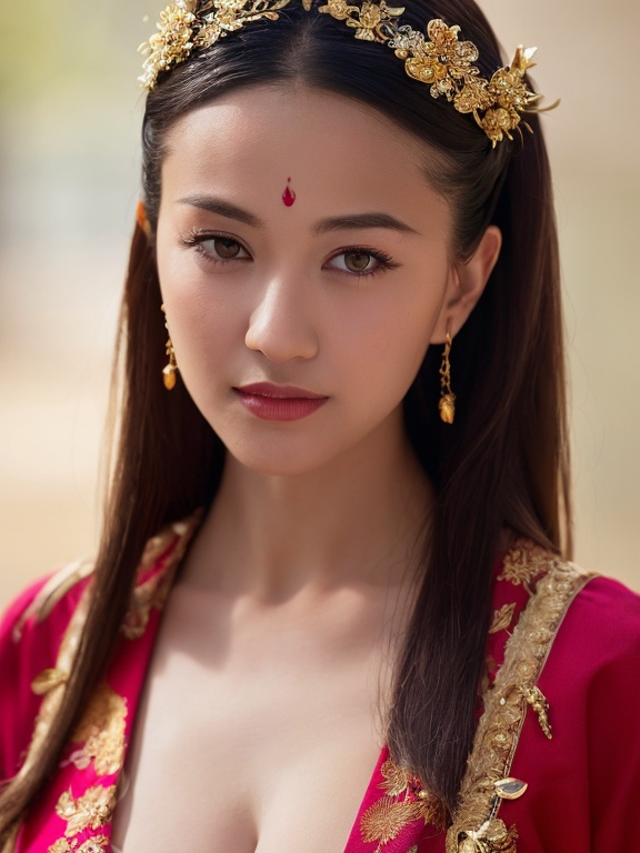 ((huadian)),close-up,High detail RAW color front view Picture of a stunning beautiful chinese girl,((light_smile)),((solo_focus,centered,looking at viewer:1.3)),(face_focus:1.2),((Her low-tied_updo with jewelry_accessories)),very_long_chain_earrings_with_green_drop,tiara,tassel,((intricated hair_ornament:1.2)),pale_skin,kanzashi,lipstick,chinese clothes,hair stick,parted lips,black_hair,ancient,gold embroidery,((intricated details:1.2)),((32k,RAW photo,best quality, masterpiece:1.2)),(photorealistic,Realistic:1.37),cinematic lighting,film still,atmosphere,ultra-detailed_face,detailed_eyes,long eyelashes,ultra-detailed skin and clothes,<lora:huadian_20240408133132:0.9>,forehead,headwear,((Her divine attire is resplendent with jewels)),{{{fire_mark:1.2}}},