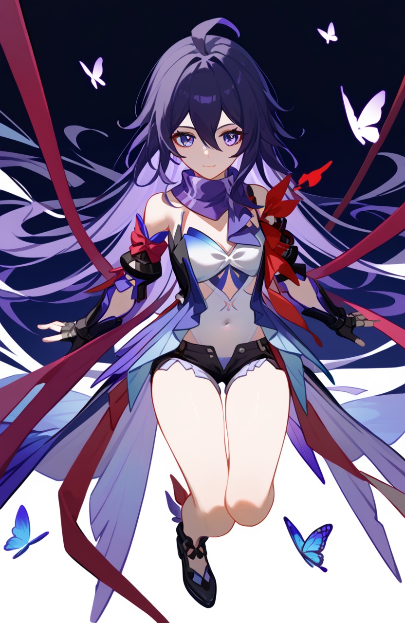 <lora:星铁希儿2pony:1>,seele (honkai: star rail),a girl named seele (honkai: star rail),1girl,solo,looking at viewer,bare shoulders,purple scarf,black shorts,covered navel,short shorts,black gloves,detached sleeves,fingerless gloves,black footwear,scarf,butterfly,, (score_9,score_8_up,score_7_up),(masterpiece,best quality,high quality:1.2),absurdres, prefect lighting, very aesthetic, anime BREAK