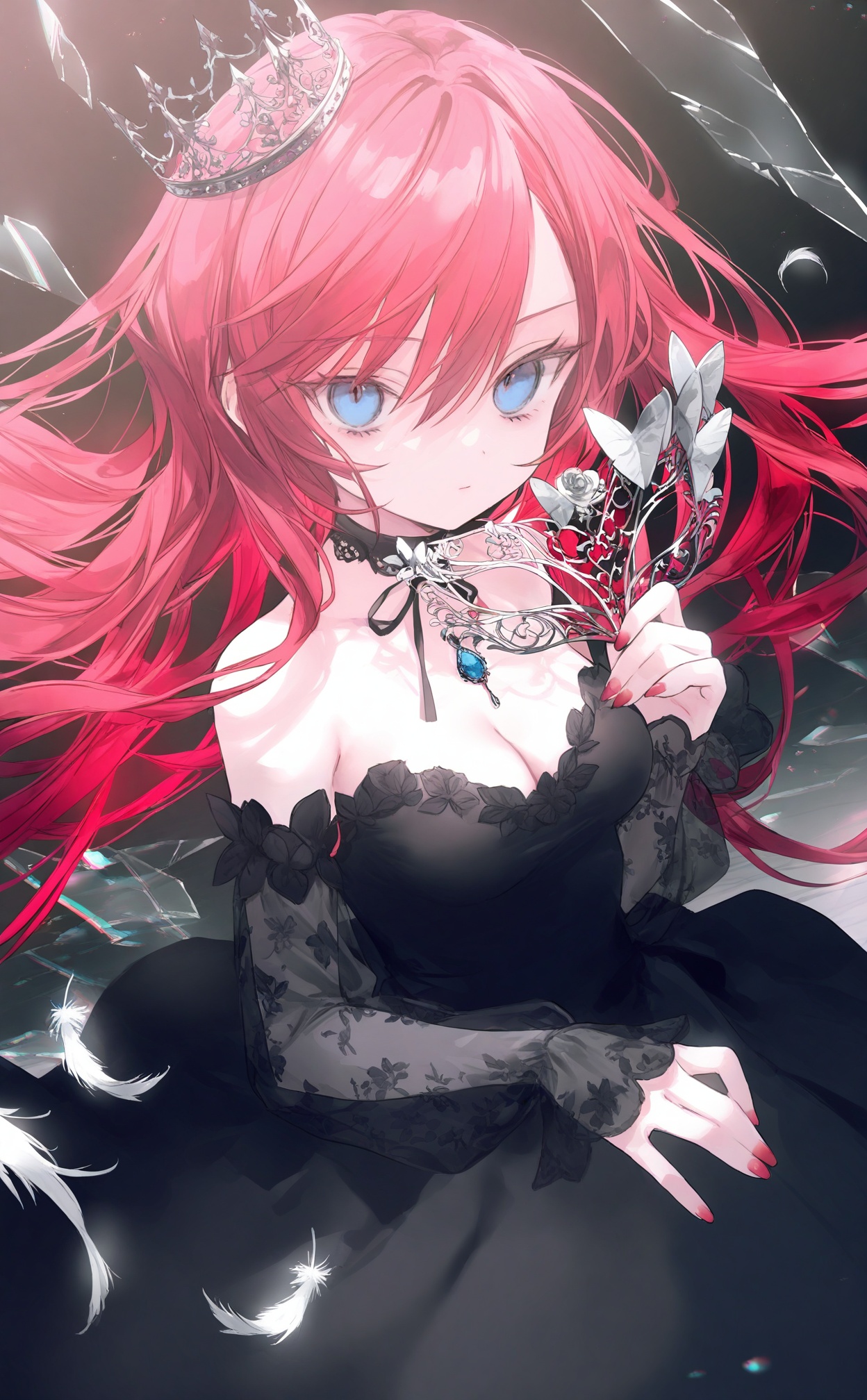 masterpiece,absurdres,best quality,loli,petite,high quality,chromatic_aberration,//,1girl, solo, dress, breasts, long hair, blue eyes, looking at viewer, black dress, cleavage, holding mask, holding, detached sleeves, red hair, mask, broken glass, bare shoulders, hair between eyes, glass shards, nail polish, choker, glass, medium breasts, feathers, closed mouth, red nails, long sleeves, butterfly, black sleeves, pink nails, crown, black choker, unworn mask, very long hair, see-through, strapless dress, pink hair, see-through sleeves, dutch angle, floating hair, bug//,<lora:guimao2025.10.24——【noob】hans:1>,