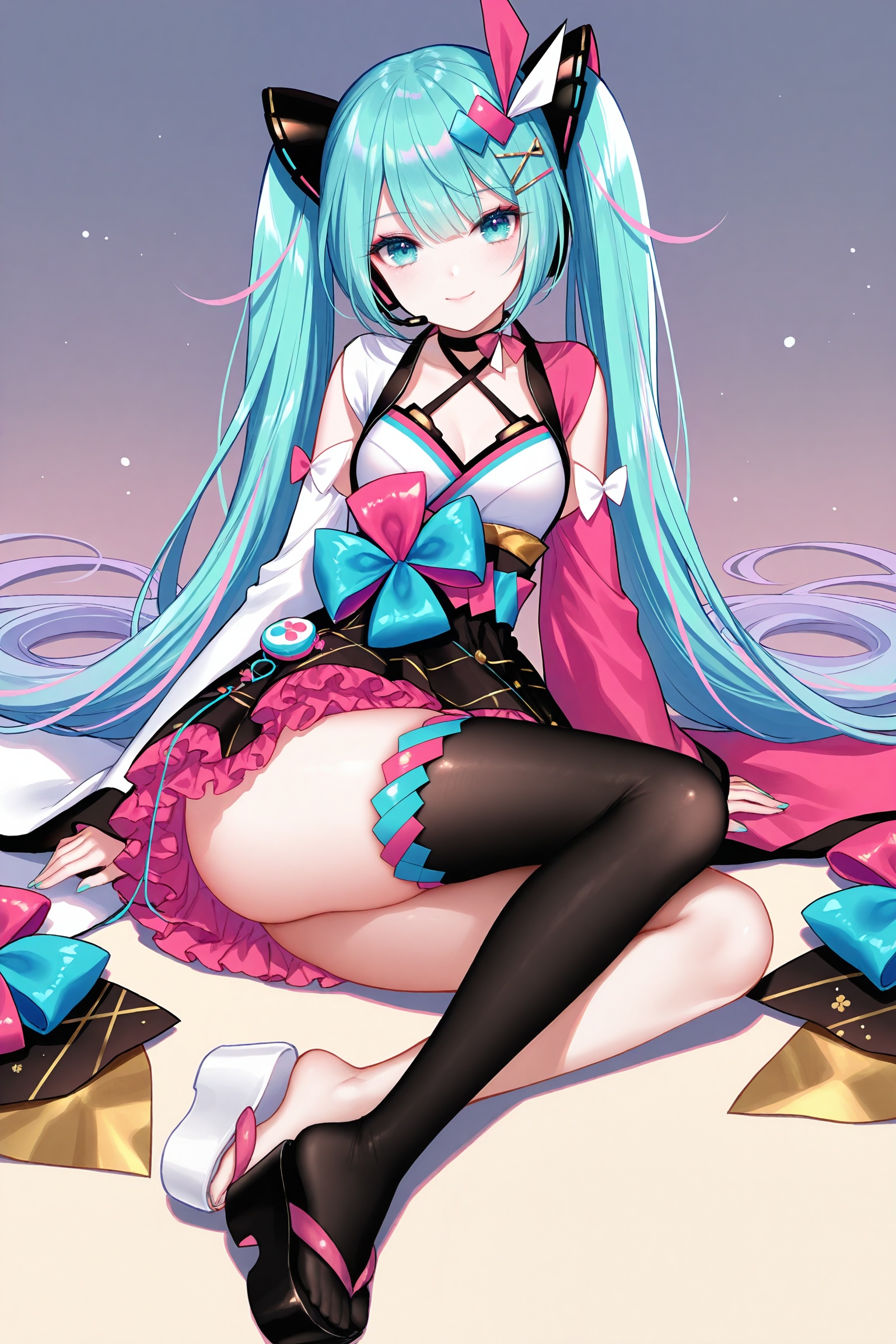 masterpiece,best quality,newest,absurdres,highres,soft shadows,photorealistic,(bison cangshu:0.5),(fuzichoco:0.6),(rimuu:0.5),(mignon:0.5),(sheya:0.6),<lora:MMM2020summerXLNAI:1>,magical mirai miku \(2020 summer\),sandals,multicolored hair,hair ornament,japanese clothes,wide sleeves,hand fan,mismatched sleeves,white sleeves,pink sleeves,frilled skirt,black thighhigh,single thighhigh,bare leg,platform footwear,mismatched footwear,white footwear,black footwear,full body,yokozuwari,thick thighs,