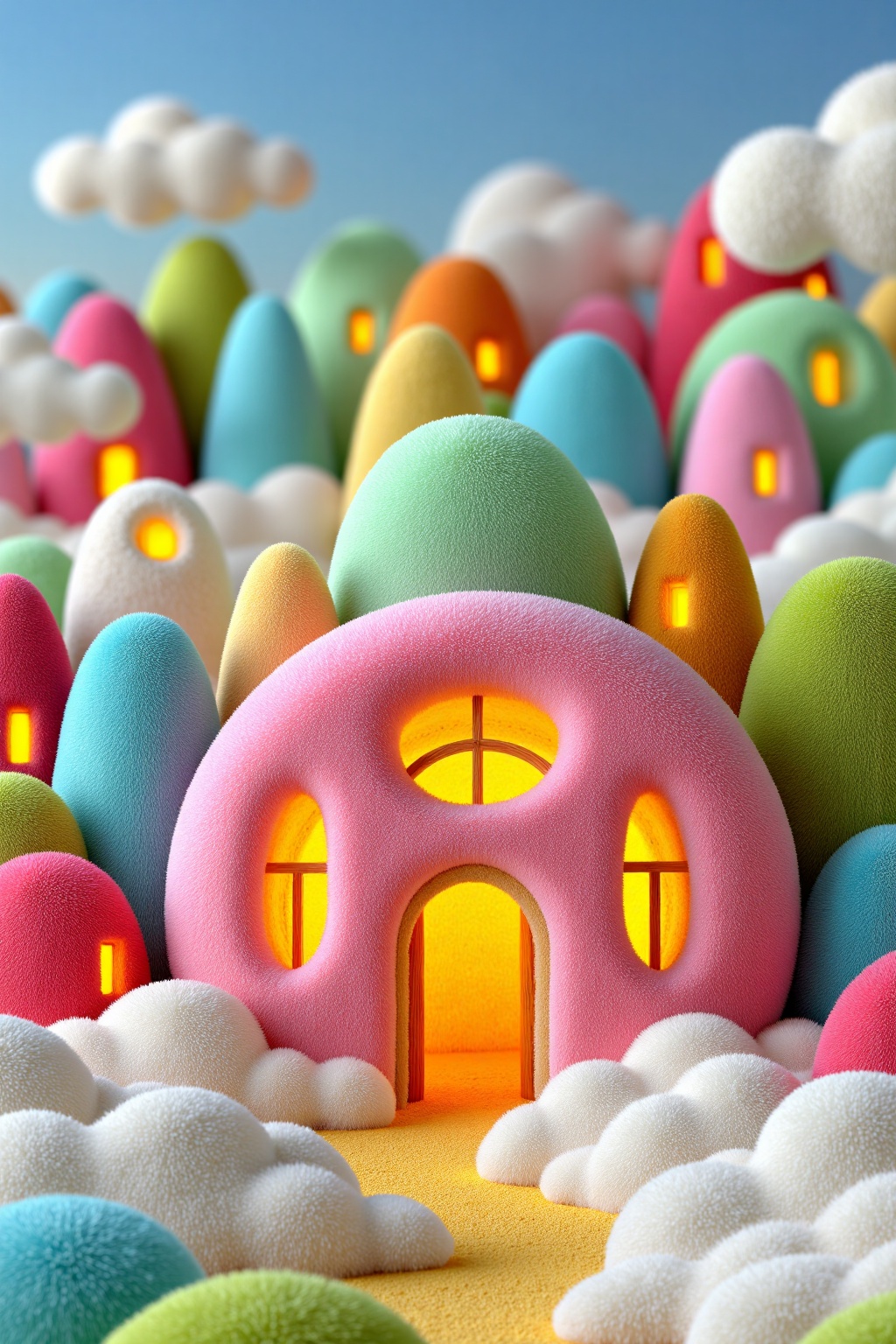 beijihui,A giant plush donut house with windows and a door,surrounded by clouds,