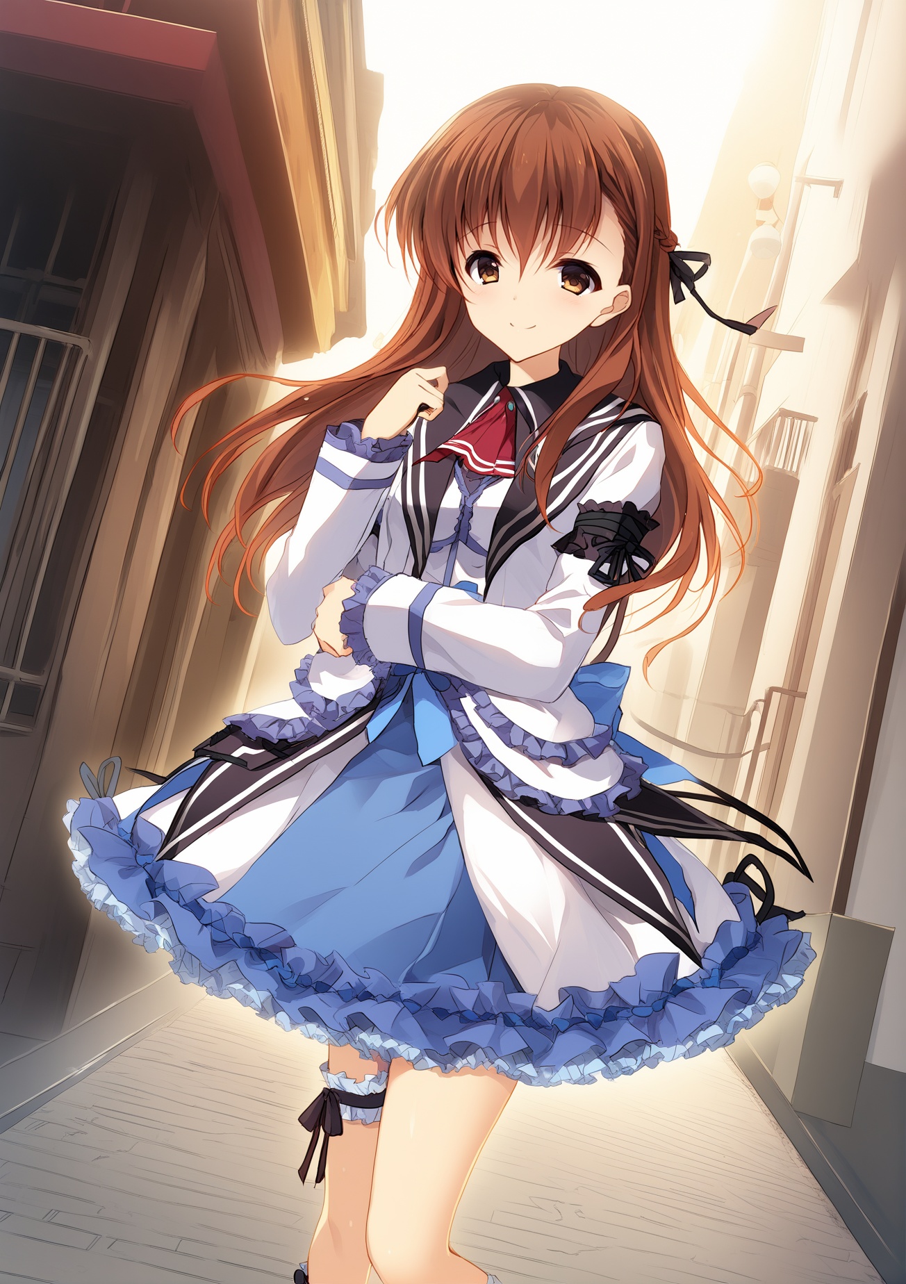 (masterpiece), (best quality), illustration, ultra detailed, hdr, Depth of field, (colorful),[,bison cangshu, ]Renne(lo), frilled dress,lo shoes,frilled socks,leg ribbon, frills,red ascot,blue bow,  chihiro,1girl,brown eyes,long hair,brown hair, smile,teenage,standing,street, <lora:bisonham-Kohaku_0.6+bisonham-推土机1.4_0.5+苍颈鹅XL-000015_0.2+Hermes-XL-000016_0.01+Hermes-XL-v2-000018_0.01 :0.7>,<lora:chihiroXLani3:1>,<lora:RenneloXLAni3:1>