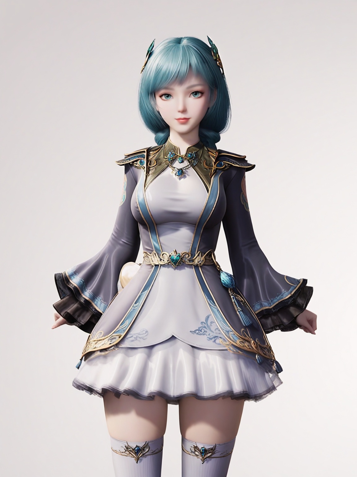 score_9,<lora:SF_XiaoXiao_Pony_Realism2.3-000004:0.7>,1girl,breasts,large breasts,standing,hair ornament,solo, dress,jewelry,skirt, thighhighs,cowboy shot,looking at viewer,white background,simple background,