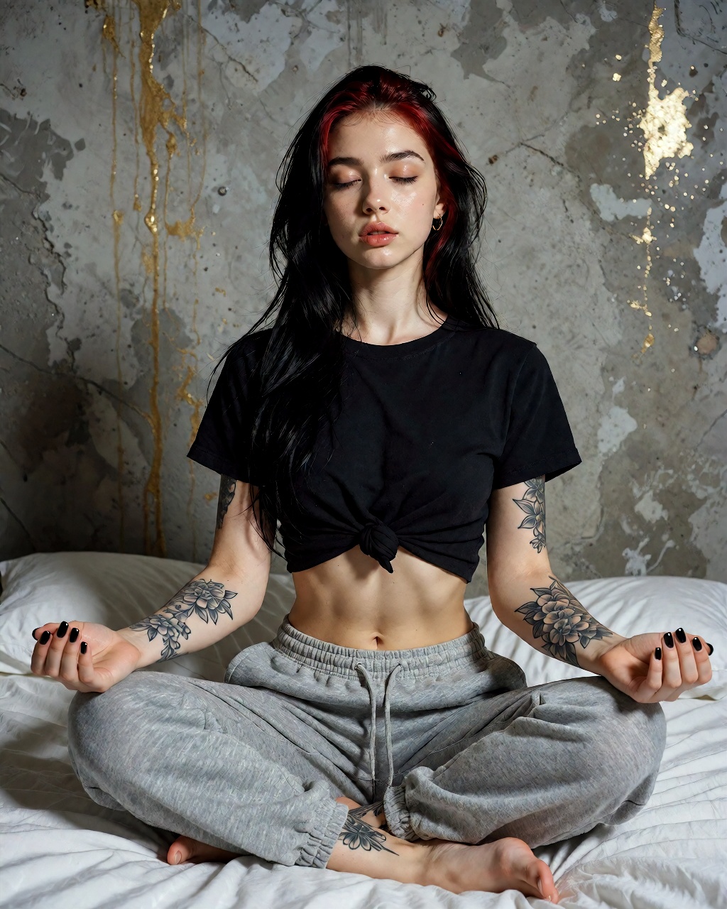 Photorealistic portrait in moody urban minimalism featuring a young Caucasian woman aged 20,  seated cross-legged on a whi...