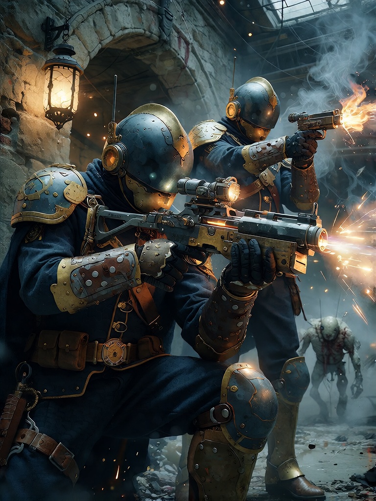 Bradhamel art style. A dynamic,  cinematic illustration of two armored soldiers in ornate dark blue and gold military unif...