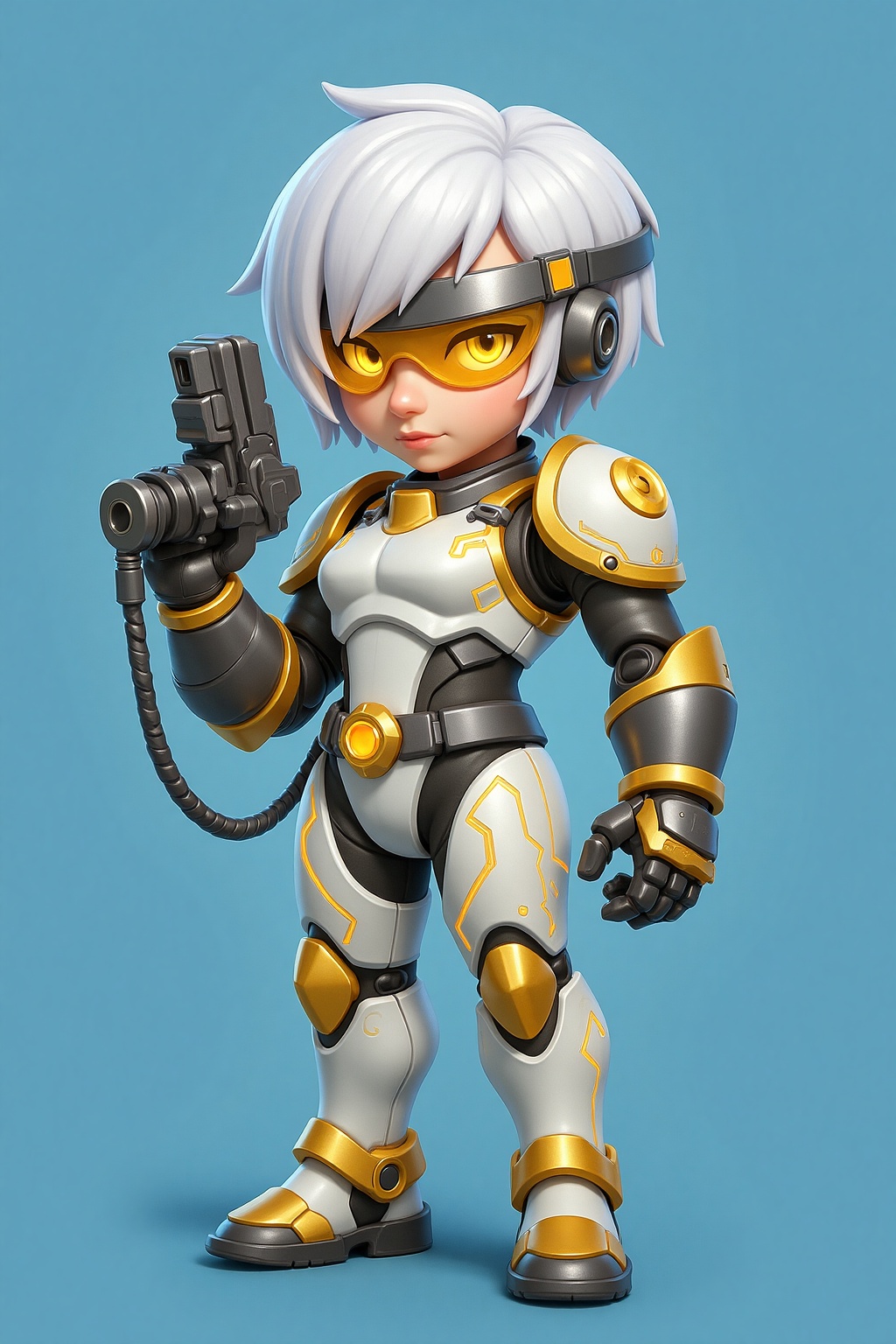 3d,A digital illustration of a chibi-style character with short white hair,gold eyes,and a robotic left arm. The character wears a futuristic,white and gold jumpsuit with glowing circuit patterns and a visor over their eyes,holding a high-tech blaster. Their expression is cool and collected. The style is reminiscent of cyberpunk anime and android character concepts.,set against a solid blue background.,