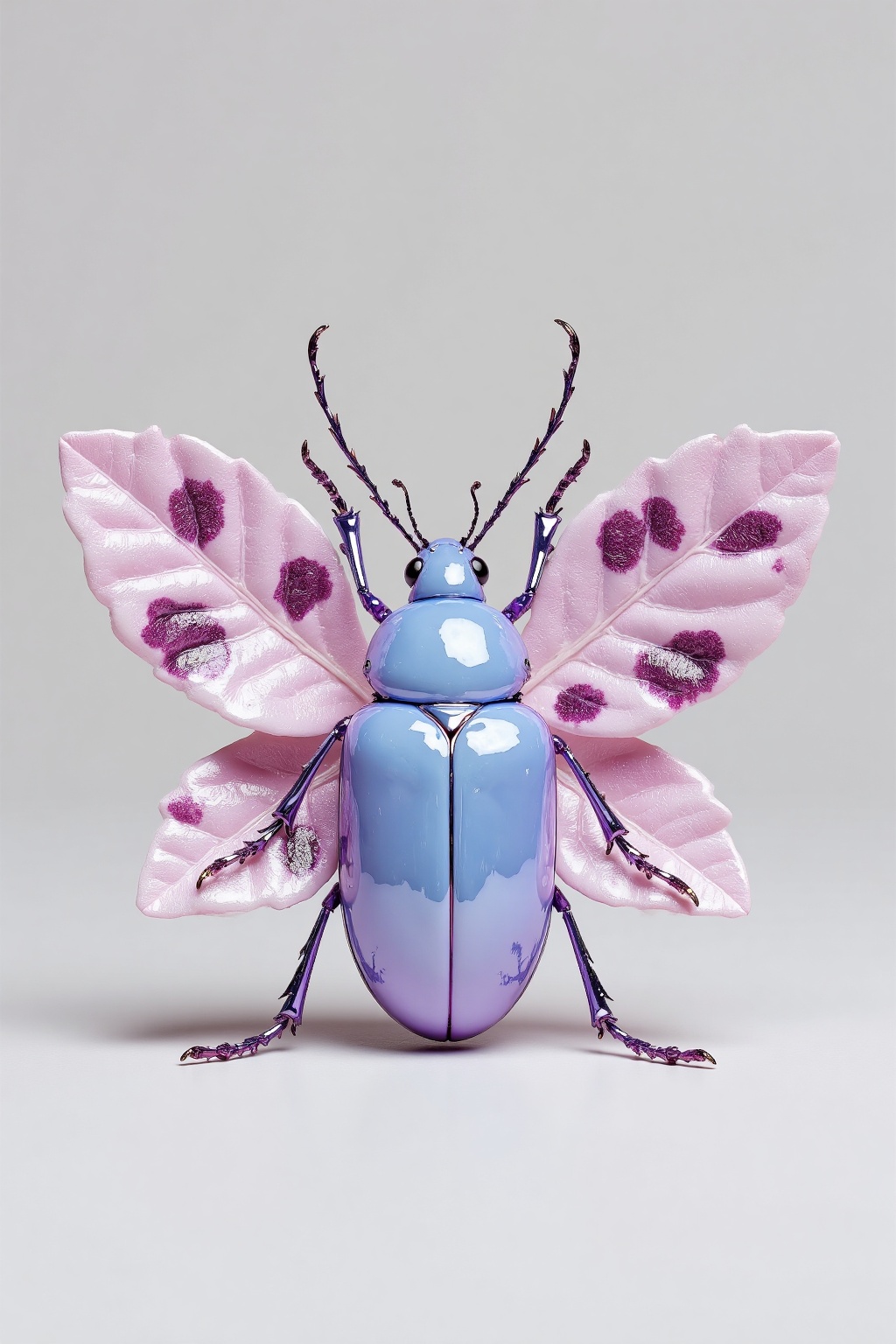 beijihui,Captured at eye-level on a stark white backdrop, a vibrant blue beetle is adorned with a pair of pink leaves. The beetle's wings are adorned with dark purple spots, adding a touch of contrast to the beetle's body. The bug's eyes are a piercing blue, while the wings are a lighter shade of pink, with a few darker purple spots scattered across the wings. The insect's legs are spread out in a diagonal fashion, adding depth to the composition.
