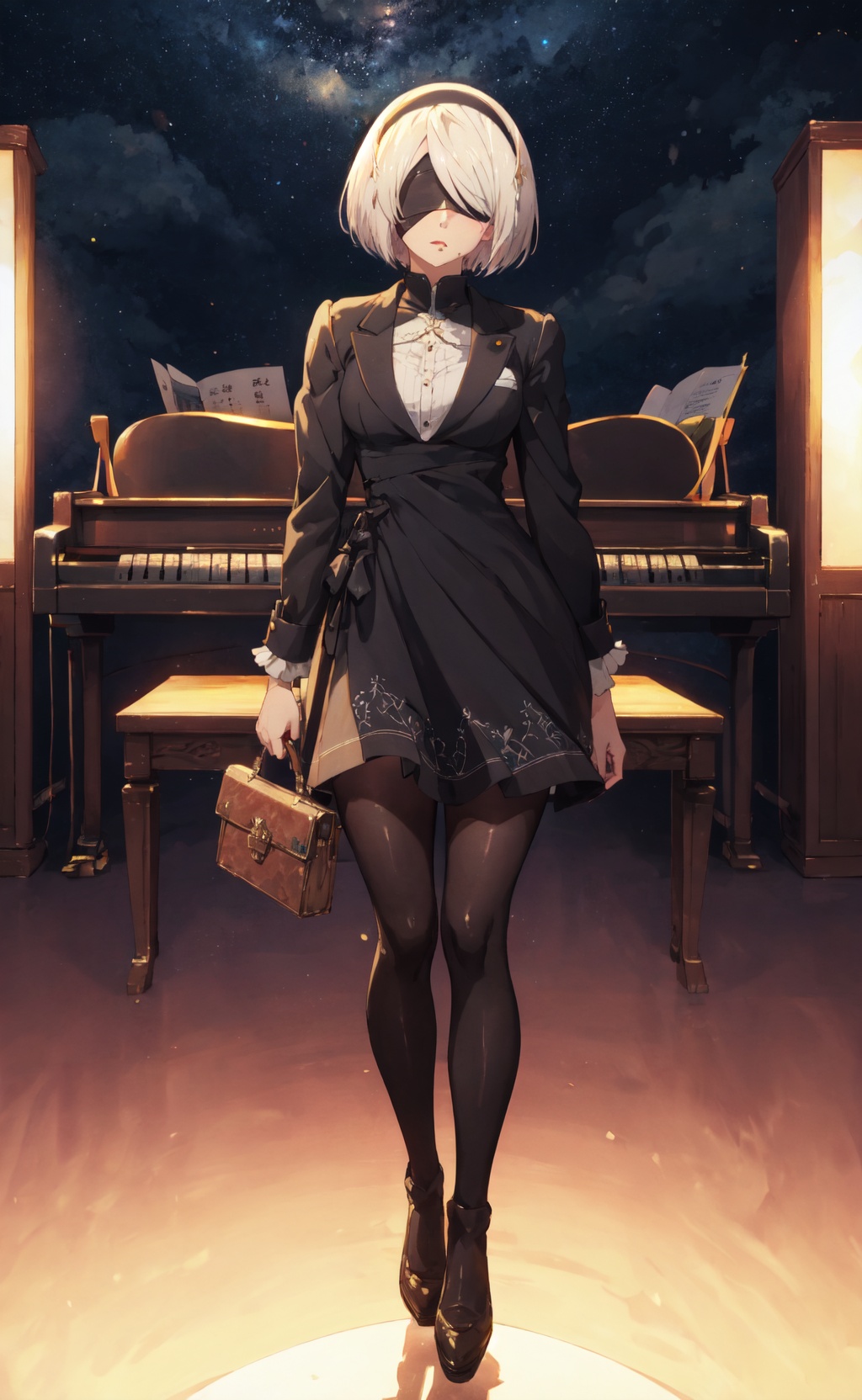 <lora:2B-000017:0.8>,2B CYQL,1girl,looking at viewer,solo,white hair,short hair,hairband,black hairband,covered eyes,black blindfold,mole,mole under mouth,full body,(Tailored_blazer_dress:1.5),(Pointed-toe_mules:1.4),(Structured_handbag:1.3),(Office_workspace_background:1.4),light_blush,cowboy_shot,Piano, Music stands, Amplifiers, Microphones, Soundproofing panels,(Japanese maples, Tea house, Stone lanterns, Koi pond, Fall foliage, Tranquil retreat:0.5),beautiful detailed sky,beautiful detailed glow,posing in front of a colorful and dynamic background,masterpiece,best quality,beautiful and aesthetic,contrapposto,female focus,wallpaper,