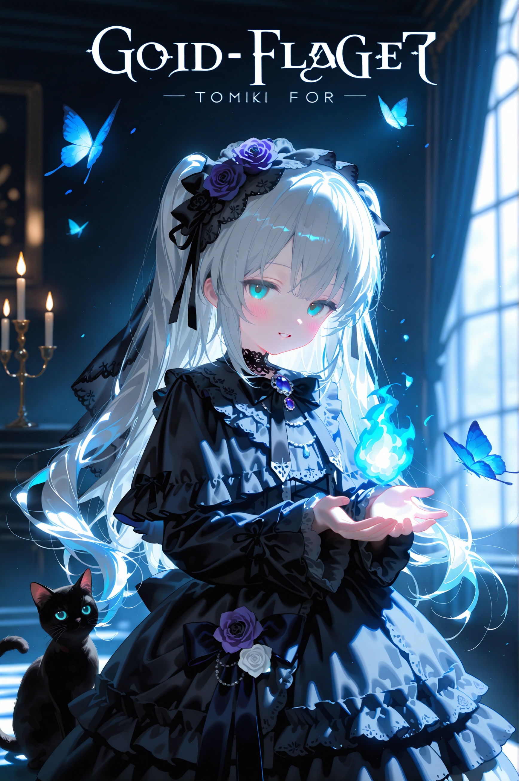 masterpiece,best quality,high quality,loli,chromatic_aberration,//,1girl,black rose,black flower,candle,flower,candlestand,blue fire,rose,dress,skull,black dress,blue flower,fire,lolita fashion,blue rose,album cover,long hair,smile,black bow,white rose,solo,blue eyes,looking at viewer,goth fashion,gothic lolita,hair ornament,long sleeves,white flower,black bowtie,butterfly,hair flower,bug,purple rose,curtains,brooch,bow,grey hair,purple flower,jewelry,animal,frills,gem,white hair,ribbon,window,indoors,open mouth,bowtie,black capelet,blue gemstone,capelet,blush,dress flower,lace,lace trim,magic,two side up,hands up,black ribbon,aqua eyes,blue theme,twintails,sleeves past wrists,blue butterfly,cover,:d,cat,frilled dress,black cat,layered dress,night,dress bow,blue brooch,long dress,veil,cowboy shot,black theme,burning,lace-trimmed dress,teeth,skull hair ornament,lace choker,puffy long sleeves,frilled capelet,skeleton,copyright name,puffy sleeves,lace-trimmed sleeves,ghost,standing,hair ribbon,hair bow,frilled sleeves,very long hair,parted lips,cross-laced clothes,purple gemstone,blue hair,flower brooch,candlelight,neck ribbon,//,year_2023,year_2024,year_2025,official art,depth of field,detailed light,blurry background,cinematic lighting,ray tracing,amazing quality,very aesthetic,absurdres,beast quality,ultra detailed,god rays,backlighting,photo background,film grain,chromatic aberration,volumetric lighting,depth of field,blurry background,shiny skin,cinematic lighting,very aesthetic,