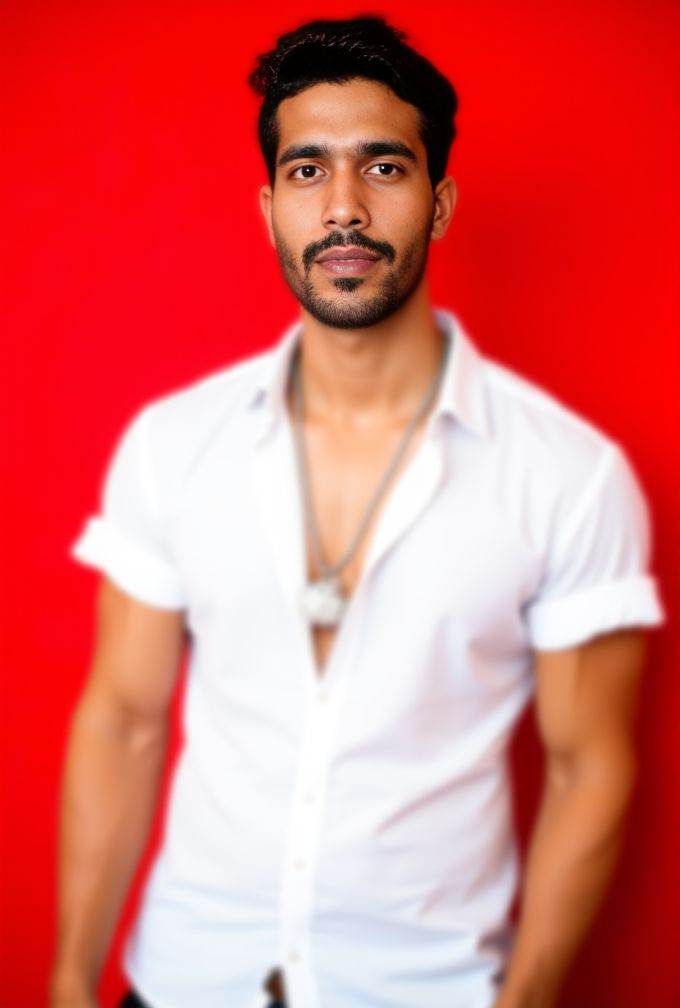 Harman Singha ,  The image is a high-resolution photograph. standing against a solid red background. wavy hair styled to t...