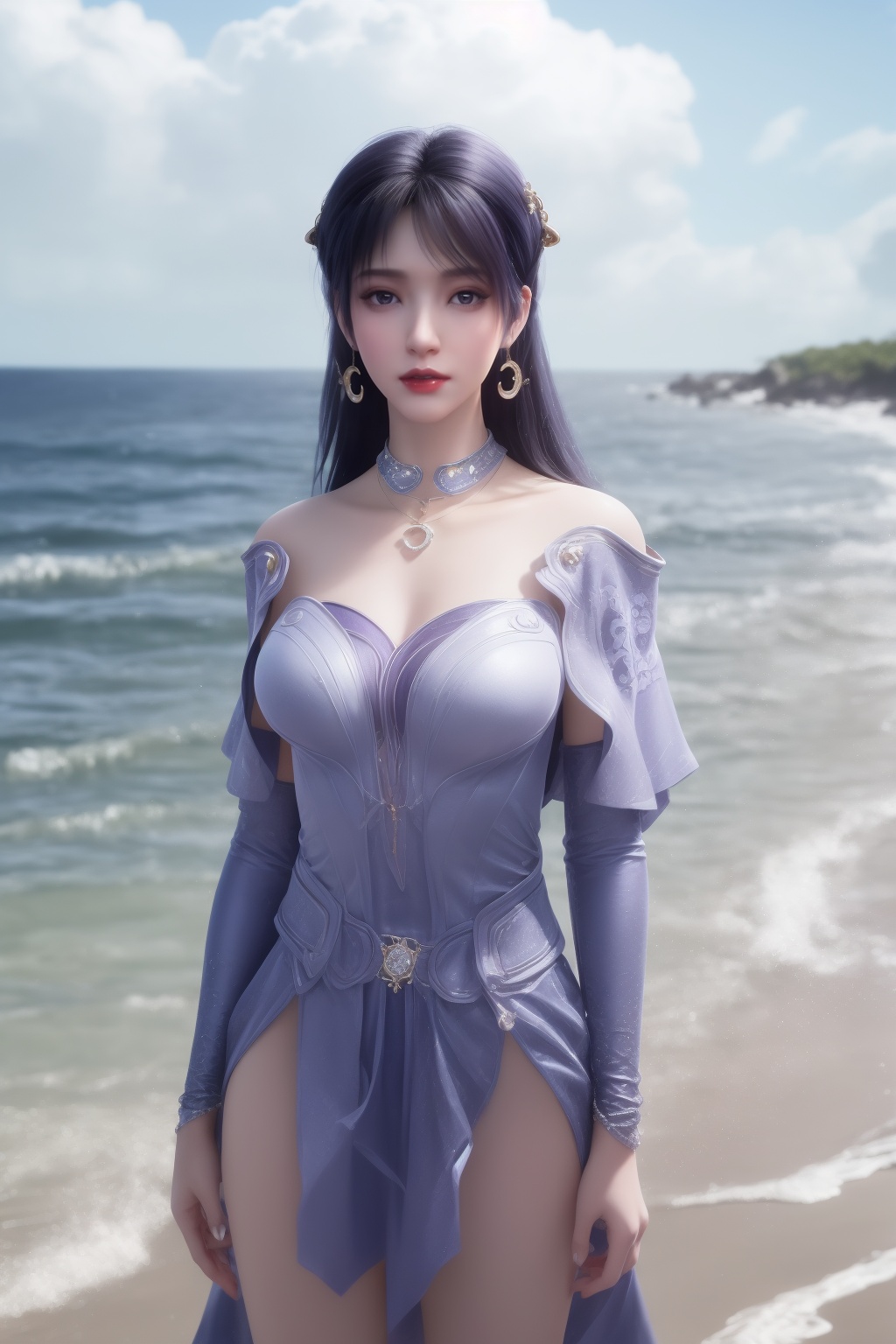 photo_\(medium\),(8k, RAW photo, best_quality),(masterpiece:1.2),(realistic:1.2),(photorealistic:1.3),(ultra-detailed),(extremely_detailed_cg_8k_wallpaper),(crystal_texture_skin:1.3),(shiny:1.2),(shiny_skin:1.4),(extremely_delicate_and_beautiful),shenfengYanRuYu,1girl,solo,dress,detached sleeves,torogao,bouncing breasts,standing,jewelry,hair ornament,earrings,red lips,necklace,realistic,looking at viewer,purple theme,summer,beach,sea,sunshine,<lora:shenfengJiZiYue_20240525170749-000003:0.7>,