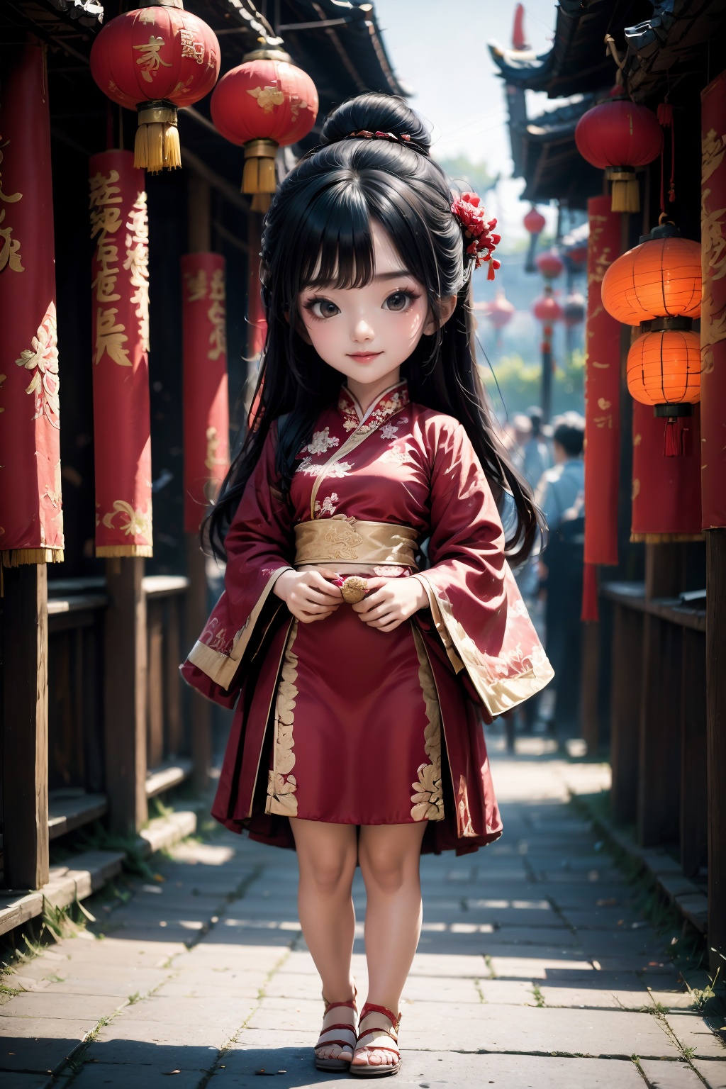 <lora:ChineseNewYear:0.8>, chinese new year, ChineseNewYearStyle, 1girl, solo, black hair, long hair, brown eyes, sandals, looking at viewer, outdoors, lantern, full body, hair ornament, standing, red dress, holding, blurry, paper lantern, child, sash, dress, long sleeves, wide sleeves, hair bun, depth of field, closed mouth, smile, lips, day, blurry background, chinese clothes, hanfu, architecture, flower, realistic, hair flower