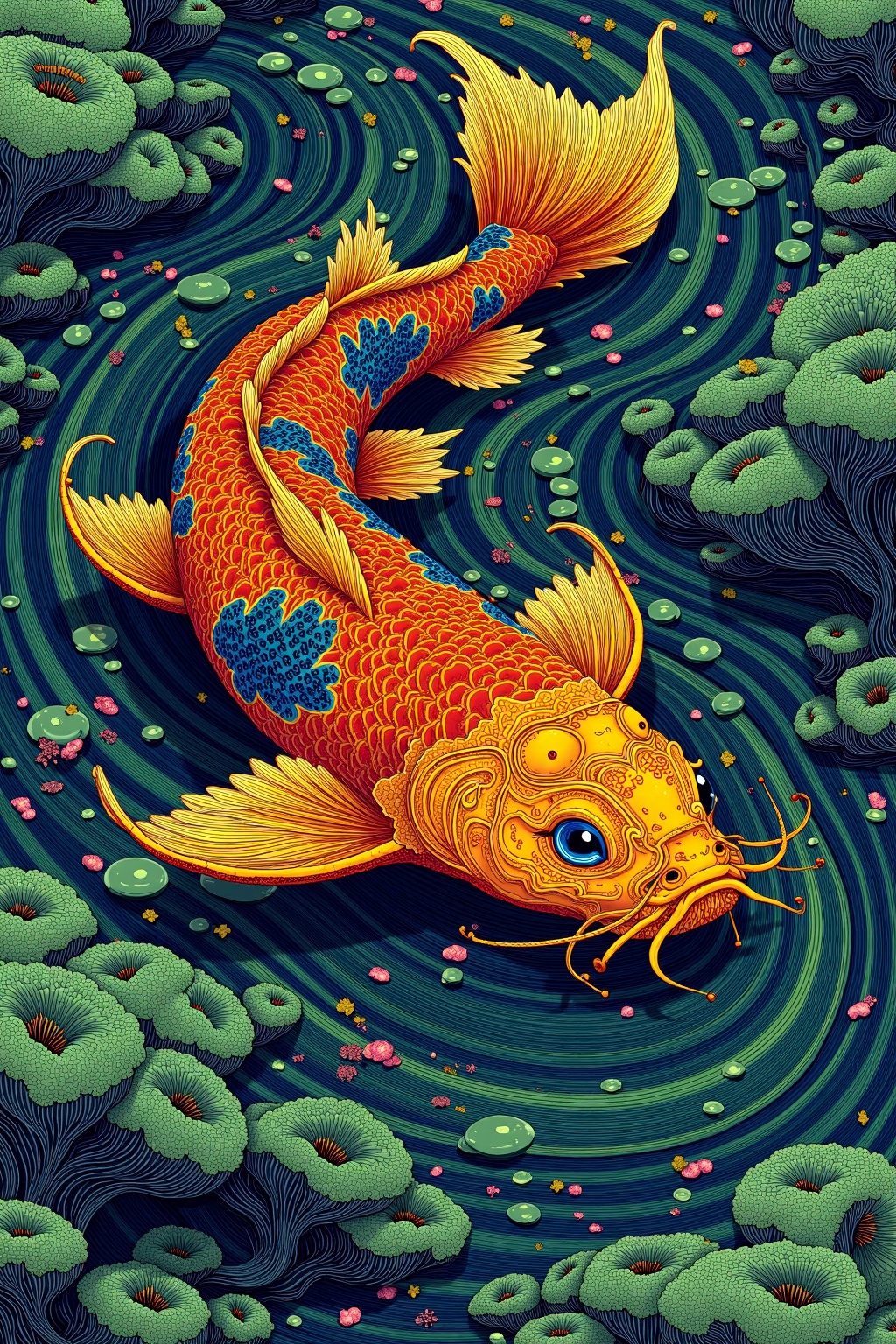 beijihui,a golden koi leaping out of a jade green pool,water droplets frozen mid-air,detailed traditional Chinese art style,