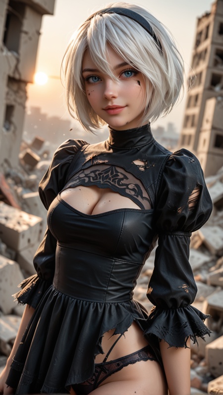 score_9, score_8_up, score_7_up, realistic,yorha no. 2 type b, short white hair, blue eyes, black dress, (black panties:1.5), hairband, clothing cutout, cleavage cutout, puffy sleeves, black hairband, feather-trimmed sleeves, juliet sleeves, mole under mouth, light smile:0.3, sunset, rubble in the background, 4n1v3rs3, depth of field, dynamic angle, fashion photography, sharp, (Grunge:1.4)