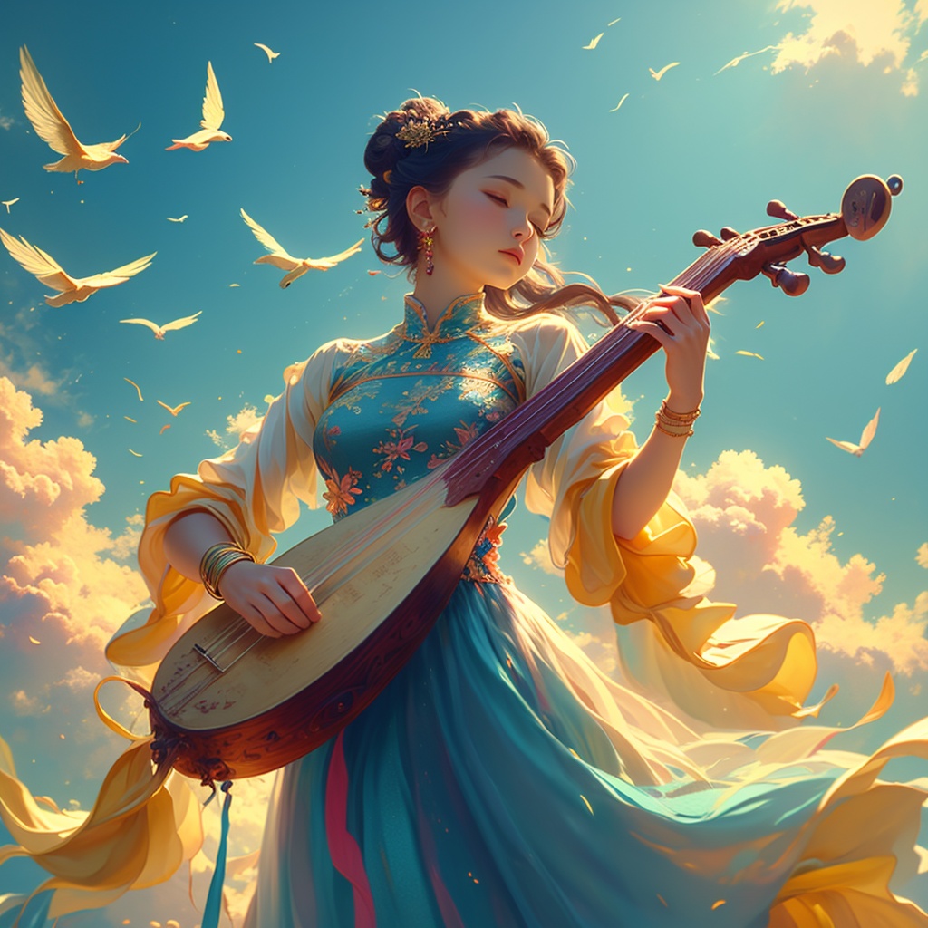 1girl,bird,instrument,jewelry,bracelet,cloud,chinese clothes,long hair,sky,dress,playing instrument,solo,earrings,blue dress,day,hair ornament,outdoors,closed eyes,hair bun,<lora:dunhuang:0.8>,