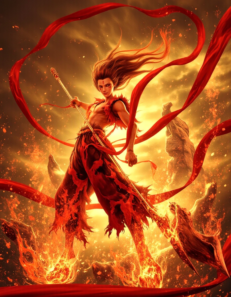 danezha,(masterpiece:1.4),(traditional Chinese painting style:1.3),***** Nezha bursting with spiritual flames,molten lava patterns on bare torso,(fierce glare:1.6),crimson energy radiating from facial marks,flaming spiked hair whipping violently,wielding blazing spear in dynamic thrust pose,(energy shockwaves:1.5),collapsing temple ruins background,ink splatter effects simulating motion,8k cinematic lighting,<lora:danezhaflux-lora-000009:1>,