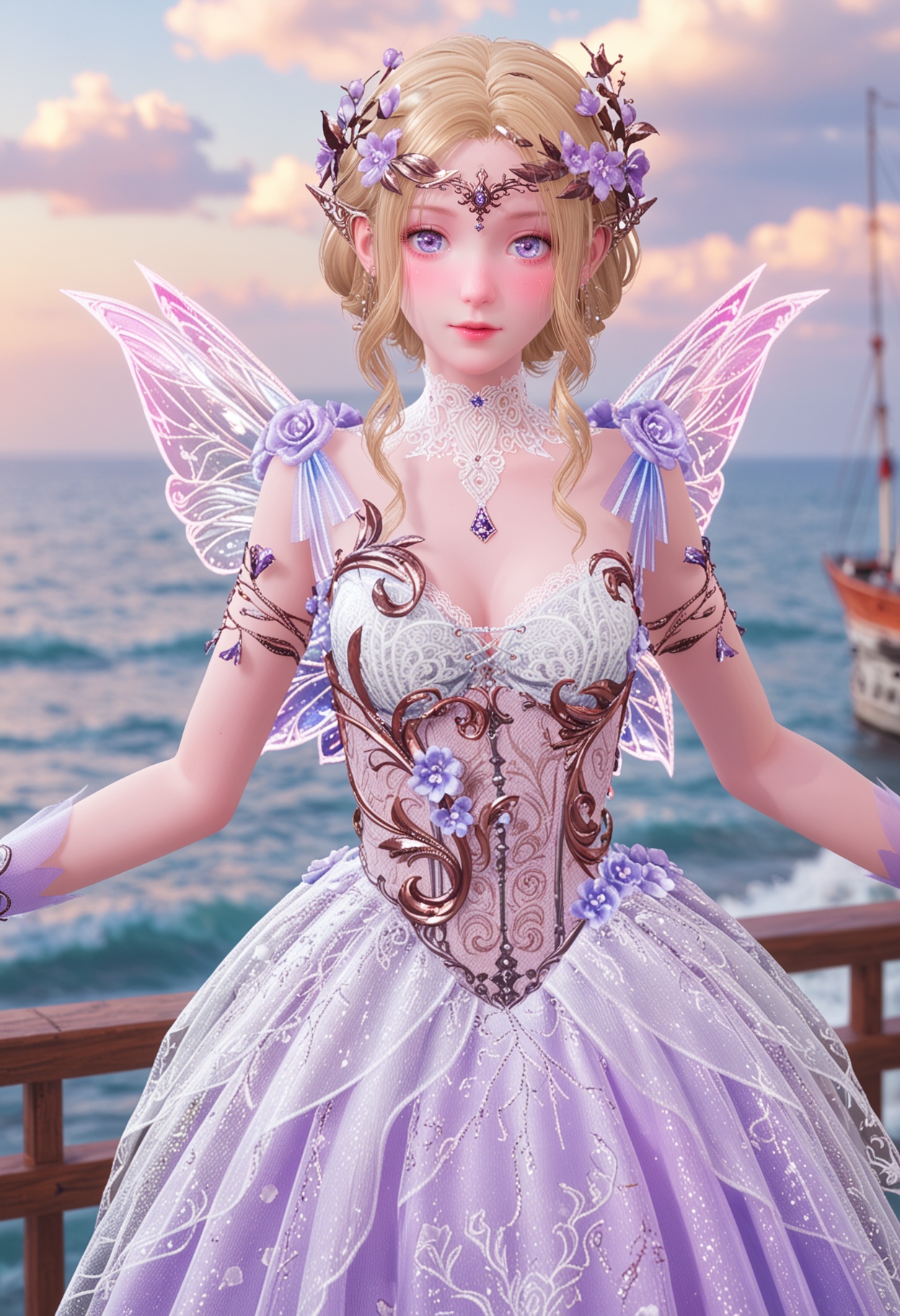 (upper_body:1.2),<lora:YQpony_huayangmengyingV4:0.8>,q1528437228,1girl,solo,wings,blonde_hair,dress,flower,hair_ornament,hair_flower,fairy_wings,high_heels,white_dress,jewelry,fairy,pointy_ears,blue_eyes,earrings,butterfly_wings,purple_flower,purple_eyes,see-through,(looking_at_viewer:1.1),BREAK intricate details,ultra detailed,shiny_skin,solo focus,(standard fixed focus lens:1.3),(blurry background:1.2),(depth of field:1.2),perfect_anatomy,(score_9:1.2),masterpiece,(best quality:1.1),watercraft,ship,cloud,ocean,sky,no_humans,waves,cloudy_sky,lightning,scenery,water,outdoors,warship,boat,mast,military,battleship,
