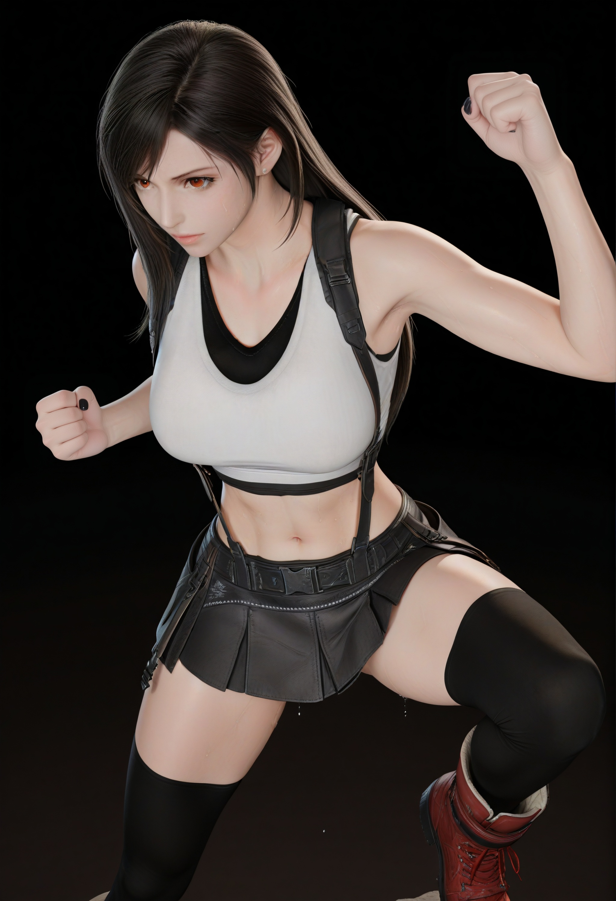 (score_9),shaded_face,jitome,collarbone,(glamor:1.1),narrow waist,<lora:Tifa_ill:0.85>,1girl,solo,tifa lockhart,long hair,black hair,amber eyes,red eyes,black undershirt,white **** top,crop top,suspenders,black skirt,suspender skirt,belt,miniskirt,combat boots,ankle_boots,thighhighs,black thighhighs,navel,groin,(mound_of_venus),toned body,athletic body,toned midriff,large breasts,black nails,(high_kick),feet_up,fighting stance,fist bump,(white_skin),(sweaty skin),(very sweaty),(pale_skin),(fair_skin),shiny wet,warm soft,high detail,soft pastel lighting,aesthetically pleasing,simple background,black background,