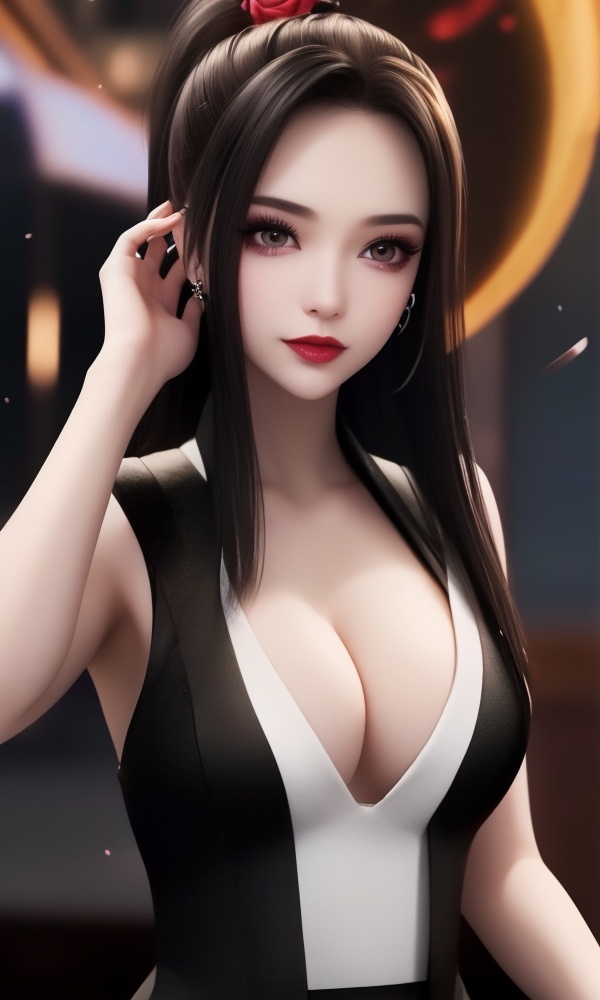 (,1girl, ,best quality, ),looking at viewer, <lora:411-DA-太一剑仙传-季师师:0.8> ,,ultra detailed background,ultra detailed background,ultra realistic 8k cg,, ,masterpiece, (( , )),, ,science fiction,mole, ,    ,red moon, black rose,     (cleavage), (), blurry, depth_of_field, blurry_background, 1girl, blurry_foreground, black_hair, mole, solo, lips, motion_blur, nose, makeup,