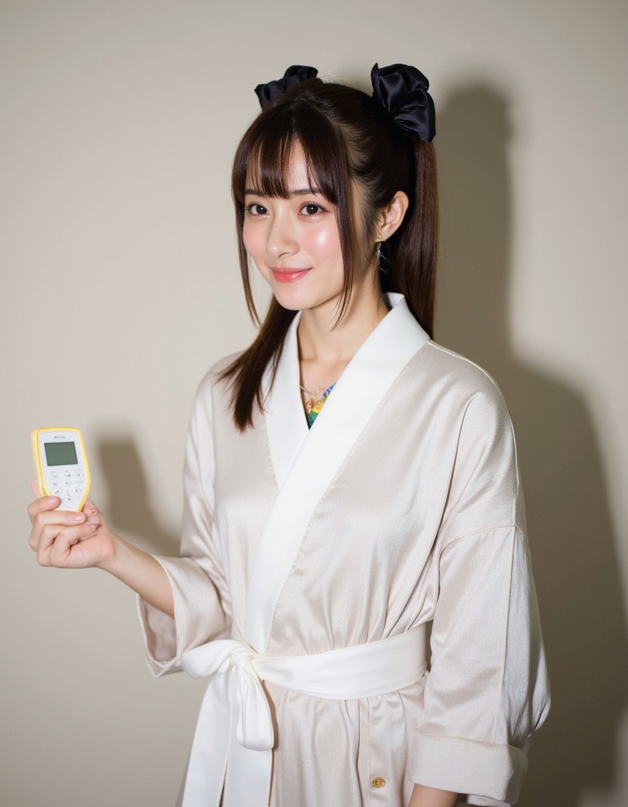 a medium-sized Asian woman,dressed in a kimono-style dress,is adorned with a white belt tied around her waist. Her hair is pulled back in a ponytail,adorned with two black bows,adding a pop of color to her outfit. She is holding a yellow and white remote control in her left hand,while her right hand rests on her right arm. The backdrop,a shadow of a person's shadow can be seen on the right side of the image.,