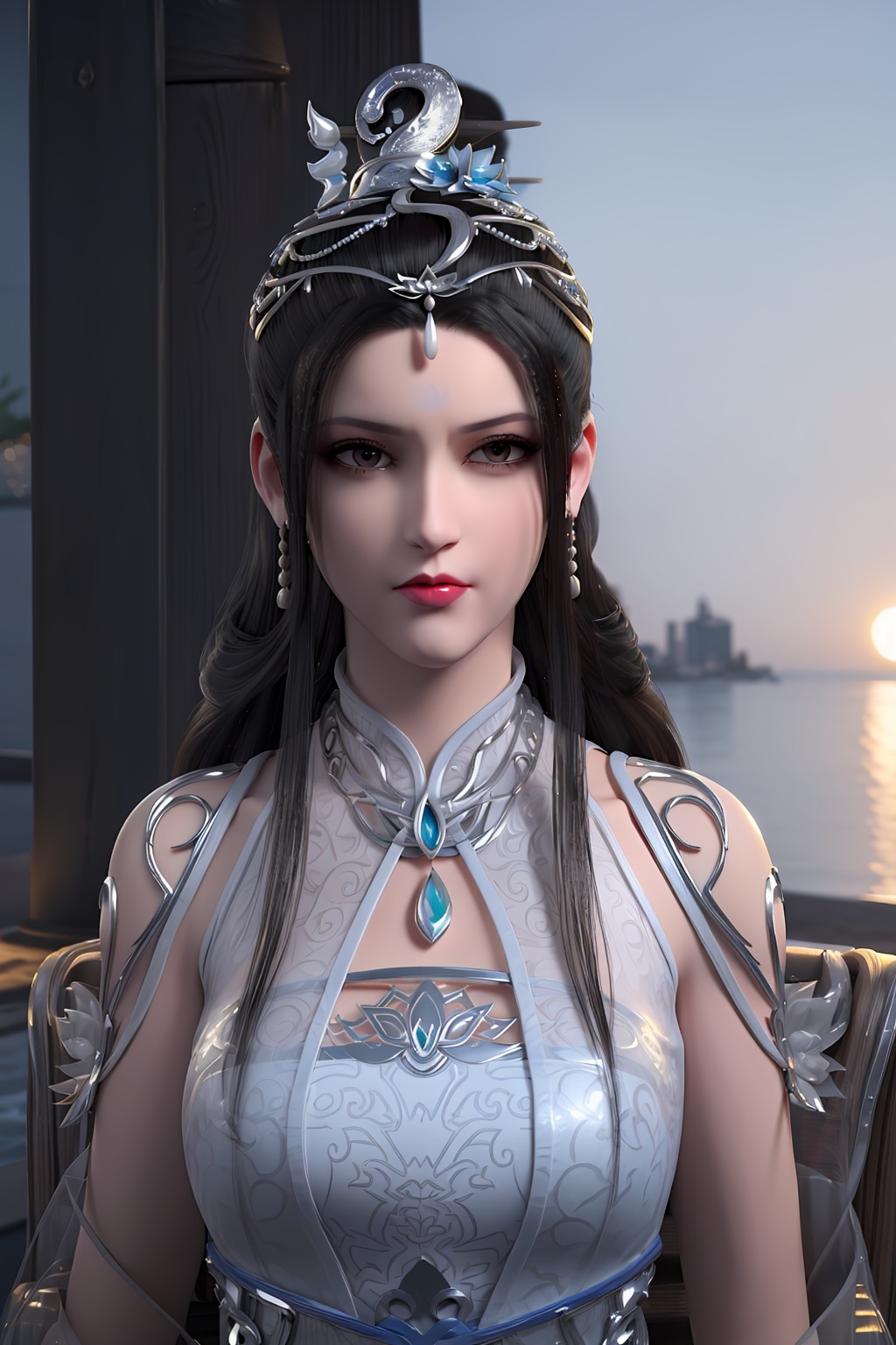 3D,masterpiece,(best quality),(makeup),official art, extremely detailed cg 8k wallpaper,((crystalstexture skin)), (extremely delicate and beautiful),(highly detailed),(face),(headdress),(1girl), (solo), (jewelry), (earrings),(black_hair),(long_hair),(hair_ornament),(handwear),(silk_ribbon),(breast),(wristband),,,((upper_body)),(chinese_clothes),(multicolored_clothes),(multicolored_dress),(shiny_clothes),((closed_mouth)),(sunshine, outdoor,sofa),((looking_at_viewer)),((Facing the camera)),, <lora:hipoly3DModelLora_v10:0.3>