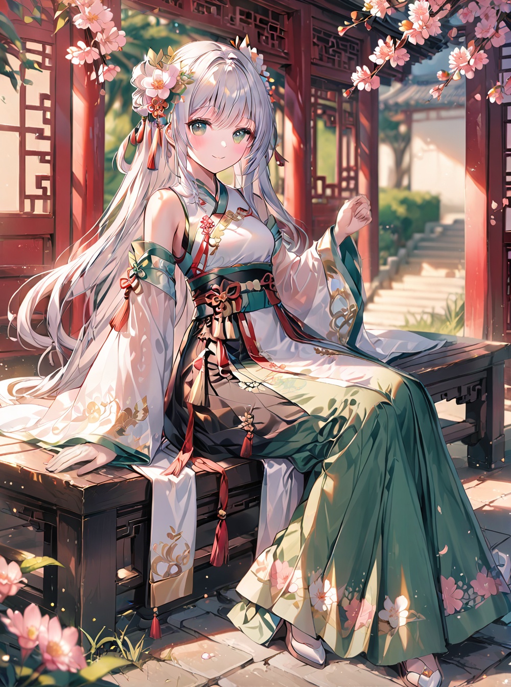 parameters: "Hanfu,O,1girl, solo, green eyes, long hair, flower, sitting, hair ornament, skirt, lantern, detached sleeves, hair flower, looking at viewer, outdoors, tassel, blurry, bangs, white hair, long sleeves, see-through, full body, blush, wide sleeves, white flower, green skirt, closed mouth, smile, east asian architecture, blurry background, chinese clothes, architecture, see-through sleeves, bare shoulders, depth of field, sleeveless, very long hair, long skirt, white sleeves, day, breasts, sash, pink flower, tree
