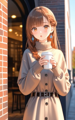 (masterpiece),(best quality),illustration,ultra detailed,hdr,Depth of field,(colorful),1girl,solo,holding,long hair,looking at viewer,cup,bangs,long sleeves,holding cup,brown eyes,brown hair,disposable cup,belt,earrings,blush,jewelry,braid,brick wall,outdoors,capelet,open mouth,:o,sweater,coffee cup,parted lips,bow,turtleneck,standing,sleeves past wrists,hands up,belt buckle,shiny hair,