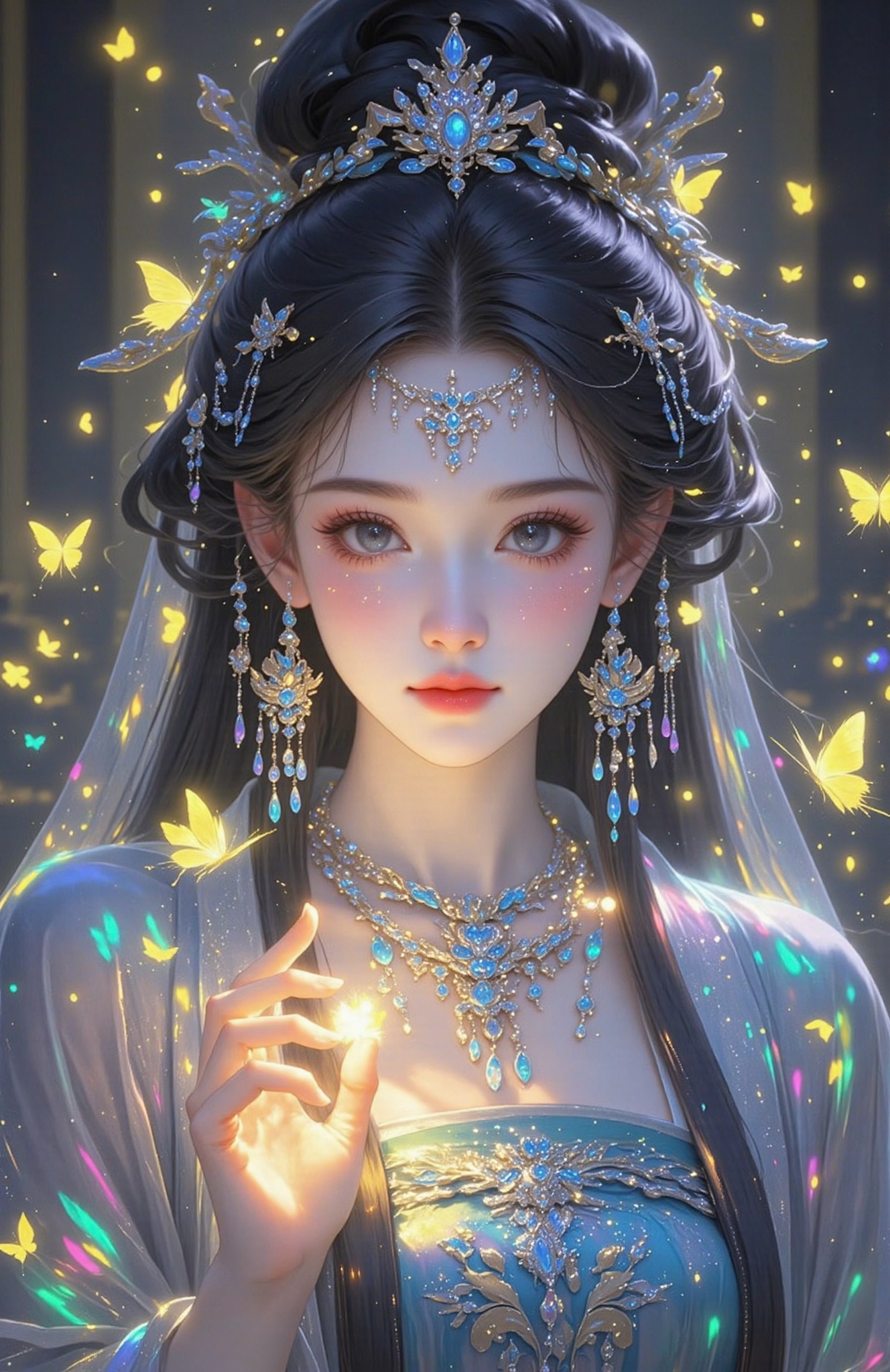 191guofeng,191Flat Coloring,19guofeng,1girl,jewelry,hair ornament,earrings,black hair,solo,butterfly,long hair,upper body,necklace,colorful hanfu,glowing butterfly,closed mouth,hair bun,light,blurry,looking at viewer,black eyes,butterfly on hand,eyelashes,