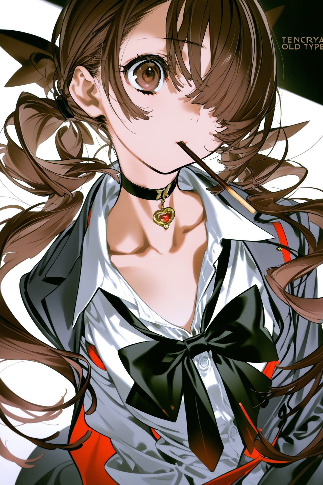 (choco (chocolate shop):0.5),(yoneyama mai:0.5),tencarcyan_old_type1,1girl,solo,long hair,shirt,brown hair,long sleeves,bow,jewelry,twintails,brown eyes,jacket,collarbone,white shirt,upper body,food,collared shirt,choker,bowtie,hair over one eye,black choker,low twintails,mouth hold,pocky,food in mouth,loose bowtie,closed mouth,masterpiece,best quality,good quality,low brightness,