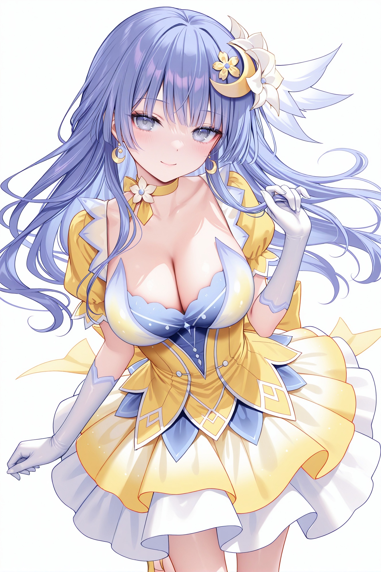 masterpiece, best quality, newest, absurdres, highres,1girl, (solo:1.5),(chen bin: 0.5),(hiten \(hitenkei\):0.4),(rimuu:0.5),(mignon:0.5),(sheya:0.6) izayoi miku,1girl, long hair, crescent hair ornament, hair ornament, blue hair, grey eyes, choker, elbow gloves, yellow dress, yellow footwear, puffy short sleeves, smile,white background, <lora:izamikuXLILL:1>