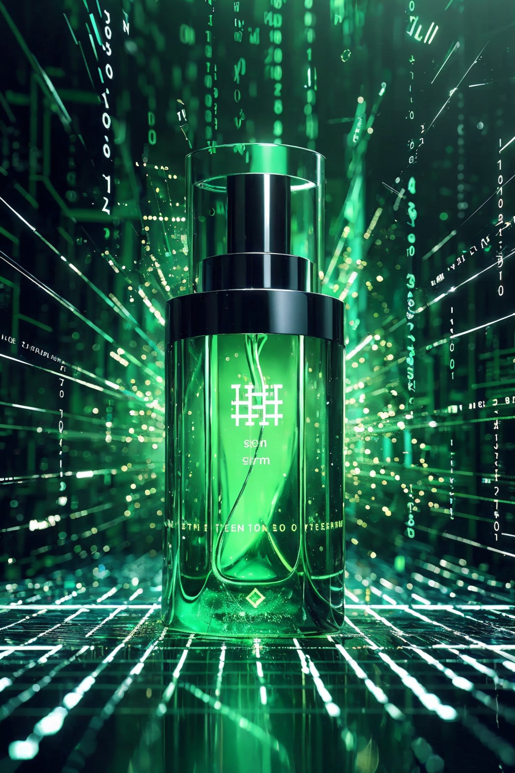 sdmai,Data streams,abstract art,binary code,cyberspace,Green theme,perfume,<lora:SDMAI数字抽象线性艺术:0.75>,