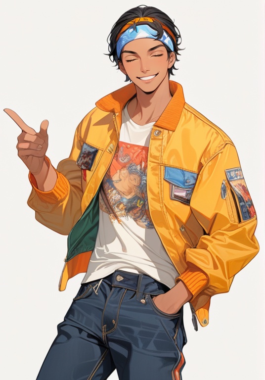 (best quality), ((masterpiece)), (highres), illustration, original, extremely detailed . <lora:日式动漫人设BOY版XL:0.8>jjj,  1boy, male focus, solo, one eye closed, jacket, smile, hand in pocket, dark-skinned male, brown eyes, dark skin, headband, pants, black hair, shirt, looking at viewer, artist name, denim