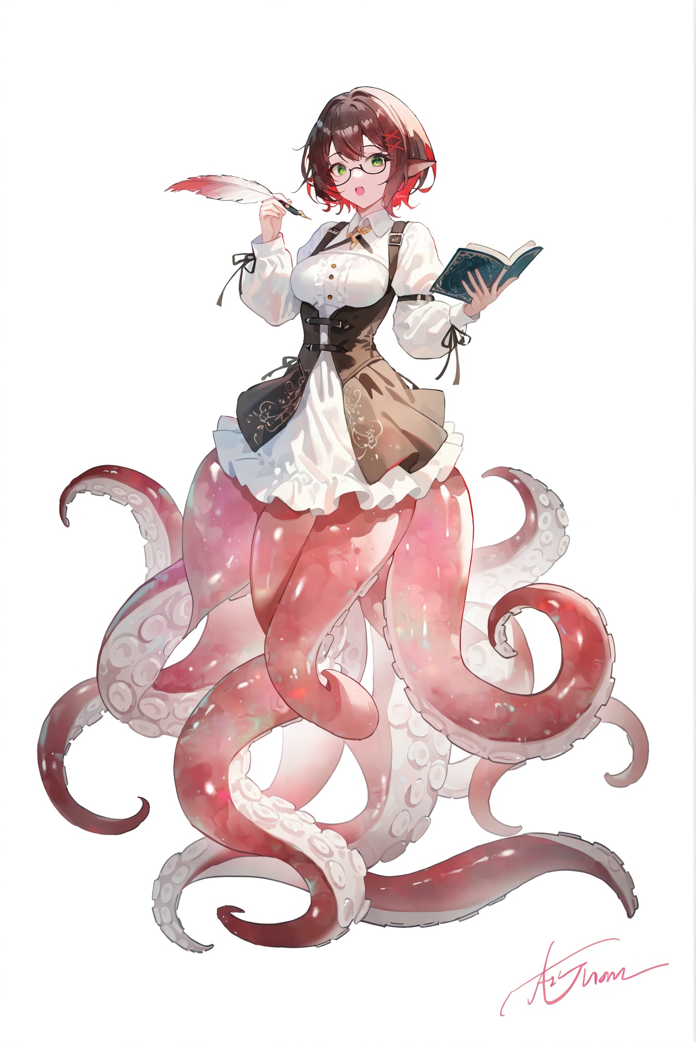 masterpiece,best quality,((artist:reoen),(artist:fuzichoco),(artist:atdan),(artist:torino_aqua:0.5),year 2024:0.5),(artist:omone_hokoma_agm:0.8),<lora:jijia-gnoobv-Tanger-000014:0.7>,jijia,2d,anime,Brachiopods,Octohuman,1girl,solo,glasses,tentacles,monster girl,brown hair,white background,green eyes,simple background,quill,holding,short hair,scylla,signature,breasts,hair ornament,book,open mouth,looking at viewer,dress,long sleeves,full body,x hair ornament,holding pen,pen,black-framed eyewear,medium breasts,suction cups,holding book,semi-rimless eyewear,under-rim eyewear,a drawing of a woman dressed as an octopus,a woman wearing a dress and holding a knife,