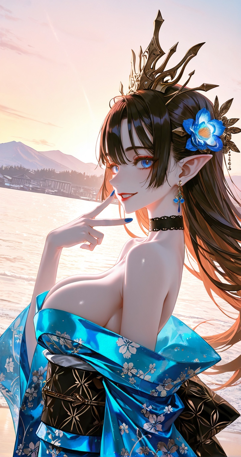 <lora:美杜莎-0.0819:0.6>,meidusha,1girl,pointy ears,solo,long hair,earrings,jewelry,black hair,crown,hair ornament,looking at viewer,brown hair,blue eyes,red lips,makeup,1girl,breasts,solo,japanese clothes,kimono,smile,grin,v,hair ornament,choker,large breasts,flower,looking at viewer,hair flower,wide sleeves,sash,earrings,blue kimono,jewelry,obi,floral print,from side,sideboob,bare shoulders,black choker,off shoulder,long sleeves,alternate costume,close-up details,outstanding style,adding a touch of dimension to your images without compromising details,whirls of vapor,iridescent textures,(Anime:1.1),ethereal ambiance,delicate details,magical high-concept,32K UHD,sharp focus,best-quality,masterpiece,golden hour,unconventional supreme masterpiece,masterful details,temperate atmosphere,with a high-end texture,in the style of fashion photography,photography,cover,dynamic angle,dynamic posture,(artist:quasarcake:0.8),extreme aesthetic,(wlop:0.6),(honjou raita, lack, rella:0.5, wanke),masterpiece,best quality,good quality,very aesthetic,absurdres,visual impact,a shot with tension,ultra-high resolution,32K UHD,sharp focus,best-quality,masterpiece,emotionalization,unconventional supreme masterpiece,masterful details,temperate atmosphere,with a high-end texture,in the style of fashion photography,(visual impact:1.2),giving the poster a dynamic and visually striking appearance,impactful picture,official art,colorful,splash of color,movie perspective,masterpiece,best quality,amazing quality,very aesthetic,absurdres,best quality,newest,