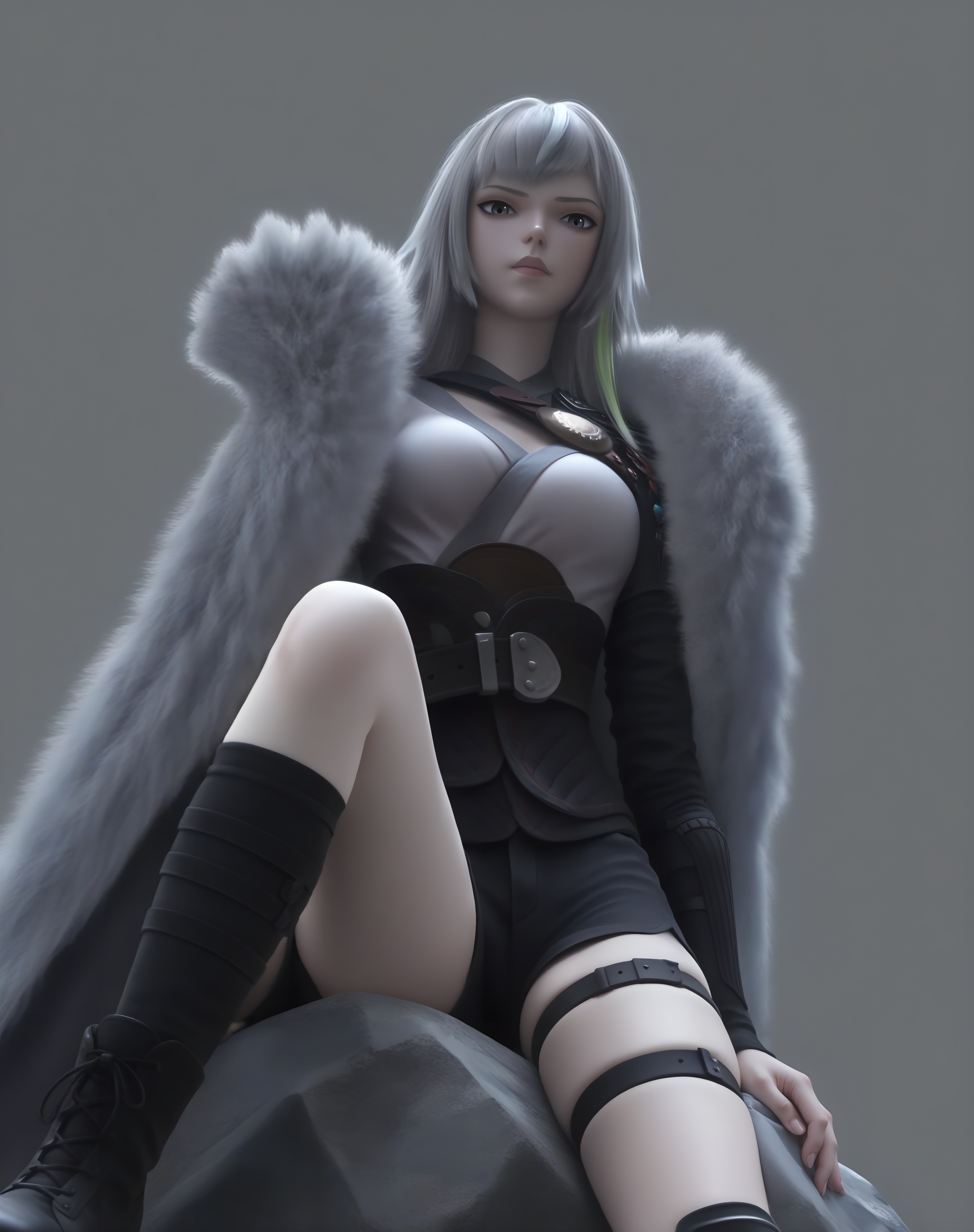 (score_9),1girl,solo,(glamor:1.2),slender,<lora:白月魁pony-v2:0.83>,long hair,(gray eyes),grey hair,(green streaked hair),streaked hair,baiyuekui,asymmetrical clothes,chest medallion,single pauldron,waist armor,waist belt,shorts,thigh strap,single thighhigh,fur trim,single knee pads,fur-trimmed cape,black combat boots,sitting,crossed legs,pov,from below,low pov,rock,sitting on object,cool_expressions,BREAKsimple background,(gray background),masterpiece,best quality,absurdres,highres,hd,
