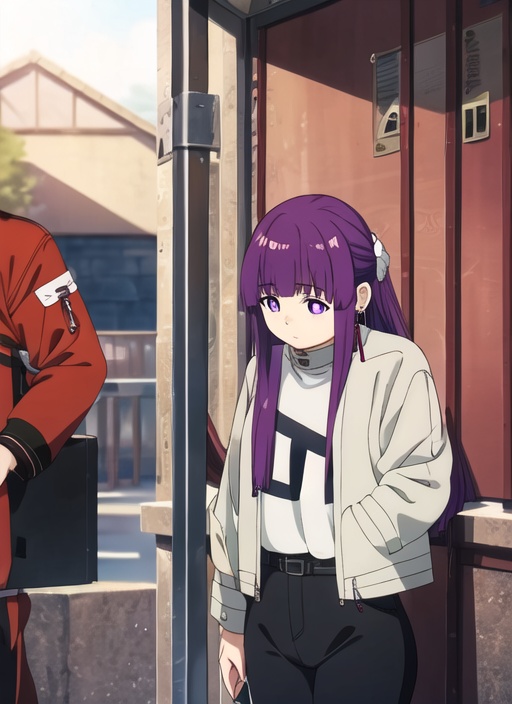 1 Girl,outdoor,purple eyes,purple hair,long hair,jacket,jewelry,mailbox,looking at the audience,orange pants,construction,earrings,power cord,long sleeves,green jacket,<lora:fulilian1.0:0.9>,