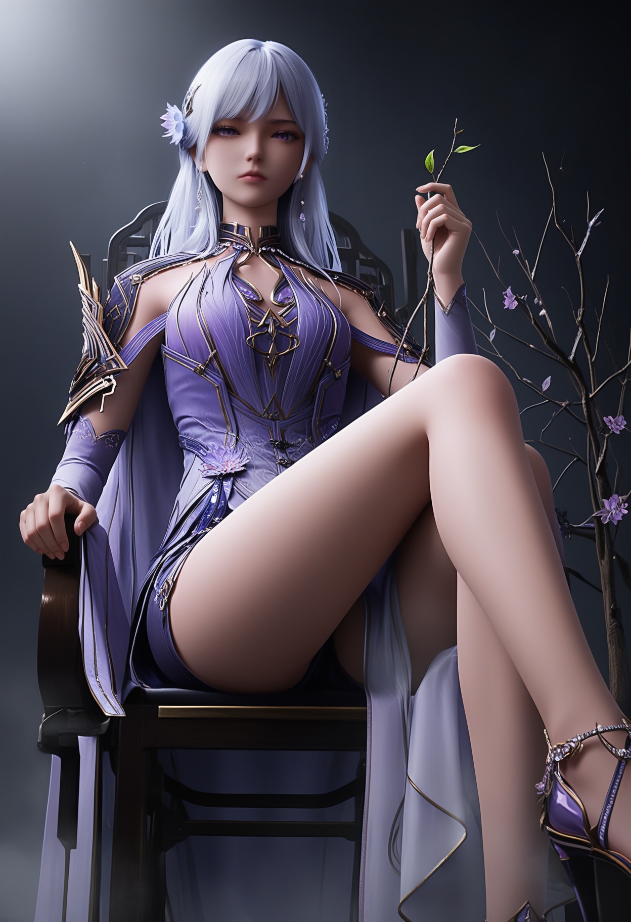 (score_9),masterpiece,best quality,absurdres,highres,(white_skin),light_skin,disgust,jitome,BREAKcollarbone,<lora:彩儿-ill-000008:0.8>,caier,1girl,solo,long hair,hair ornament,jewelry,earrings,hair flower,purple eyes,white hair,chinese clothes,shoulder armor,belt,long dress,forearm sleeve,high heels,bare legs,shorts,looking at viewer,front view,sitting,chair,pov,from below,crossed legs,BREAKsimple background,black background,Tyndall effect,fog,branch,twig,