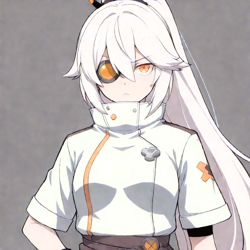 masterpiece, best quality,(grey background:1.2),looking at viewer,SOLO,simple background    girl,monocular eye patch,hair ribbon,black ribbon,jacket,dress,thighhighs,ponytail,horns,short sleeves,hair between eyes,skirt,hair flaps,long hair,hair ornament,white hair,orange eyes,gloves,black gloves,chibi<lora:弓死士-人偶学园-ill:0.8>