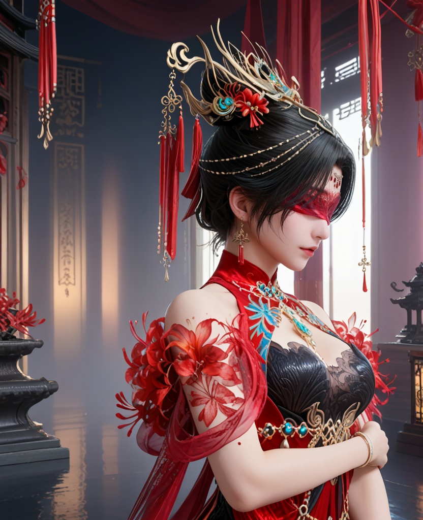 (oriental architecture, elegant decor, sophisticated style:1.1),(Posing with arms wrapped around the body,:1.1),Enraged,(breasts:1.2),<lora:XL16永劫无间宁红叶赤皓新囍红:0.95>,miss ninghongye,red and black tiered dress,blindfold,black hair,traditional chinese updo,hair ornament,jewelry,earrings,, score_9,score_8_up,score_7_up,score_6_up,score_5_up,score_4_up,3d rendering,tag1,tag2, Cinematic Lighting,backlighting,