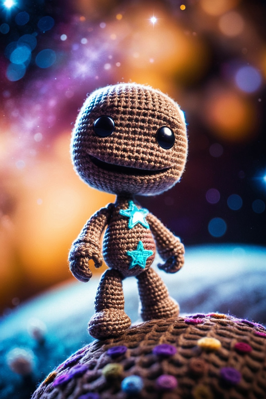 ((Sackboy)),  little Sony Playstation Sackboy standing on a Little Big Planet in a starry sky,  vibrant and whimsical on T...