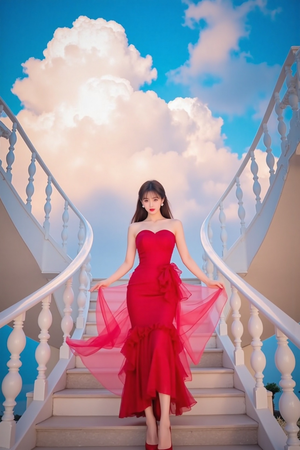 TYZ,1girl,solo,long hair,breasts,looking at viewer,brown hair hair,dress,bare shoulders,medium breasts,full body,earrings,indoors,high heels,lips,makeup,red dress,sunlight,lipstick,strapless dress,stairs,(((There are Suspended staircase above the sky))),(((Heaven, beautiful detailed sky))),beautiful detailed cumulonimbus,(((extremely detailed CG unity 8k wallpaper, masterpiece, best quality, ultra-detailed))),(best illumination, best shadow, an extremely delicate and beautiful),dynamic angle,floating,finely detail,(bloom),(shine),glinting stars,feather,nature,(sunlight),fairyland,extremely delicate and beautiful girls,full body,xuer Haute couture dress,(very aesthetic, best quality,ultra detailed),intricate details,dark theme,soothing tones,high contrast,natural skin texture,soft light,sharp,masterpiece,best quality,(ray tracing),sunlight,(scenic view:1.1),