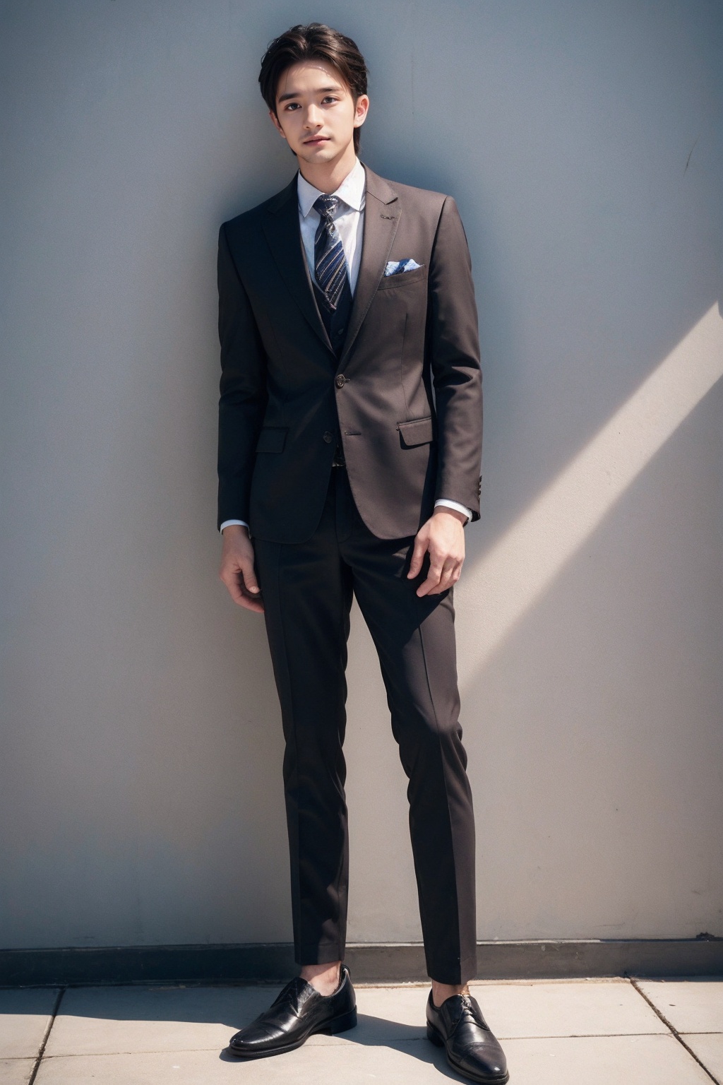 (1man:1.5),(male:1.5),(full body:1.2),(Collared shirt and blazer and suit trousers:1.4),<lora:AsianMan_3:0.8>,