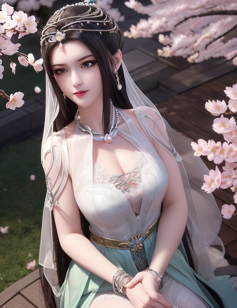 ultra realistic 8k cg, picture-perfect face, flawless, clean, masterpiece, professional artwork, famous artwork, cinematic lighting, cinematic bloom, perfect face, beautiful face, fantasy, dreamlike, unreal, science fiction,   lace, lace trim, lace-trimmed legwear,  (rich:1.4), prestige, luxury, jewelry, diamond, gold, pearl, gem, sapphire, ruby, emerald, intricate detail, delicate pattern, charming, alluring, seductive, erotic, enchanting, hair ornament, necklace, earrings, bracelet, armlet,halo((,1girl, pov,))  , ((((1girl, solo, ,cherry blossoms,outdoors, ))))<lora:DA_LinQingZhu:0.7>