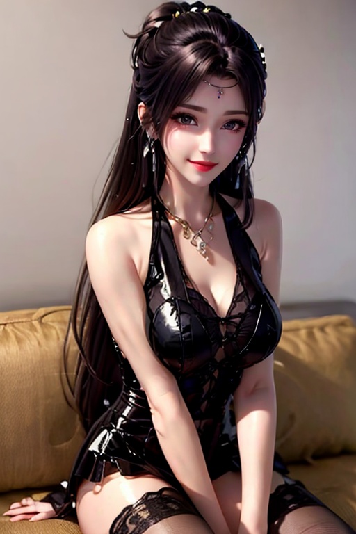 1girl,solo,long hair,earrings,jewelry,sitting,sweater,looking at viewer,head tilt,couch,hand between legs,very long hair,lips,wavy hair,between legs,brown hair,watermark,black hair,closed mouth,smile,artist name,brown eyes,grey background,black eyes,eyelashes,<lora:YUNYUN_20240519003719-000006:0.8>,<lora:图图的情趣制服（小恶魔漆皮短裙）_v1.0:0.8>,