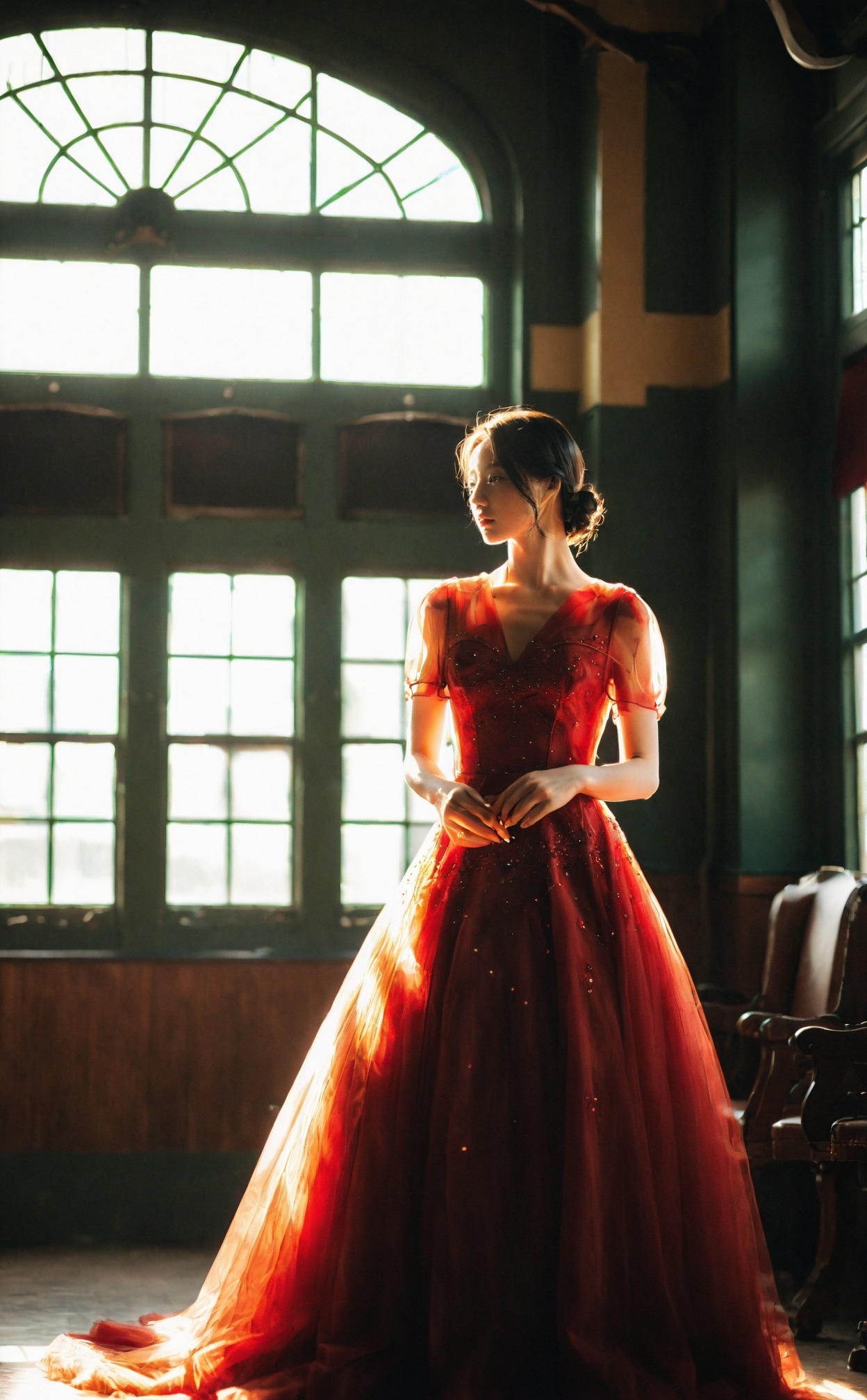 mugglelight, a woman in a red gown, posing in a vintage train station with sunlight streaming through the windows, romantic atmosphere, classic allure, cinematic lighting.korean girl,black hair,