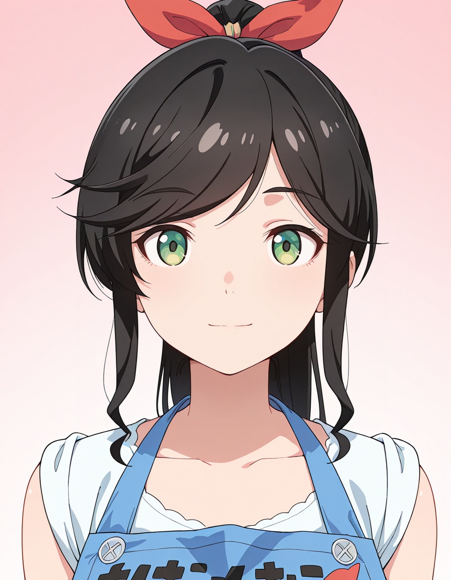 masterpiece, best quality, amazing quality, gradient background,1girl, looking at viewer, solo, upper body, portrait, straight-on, close-up, light smile, face focus,<lora:wakana_kinme-kinishite_s1-v3-ixl-anime-soralz:1>, wakana kinme (kinishite), long hair, black hair, green eyes, sidelocks, high ponytail, red hair ribbon, swept bangs, low drills,kinme shirt, sleeves rolled up, kinme blue apron, clothes writing, fish print
