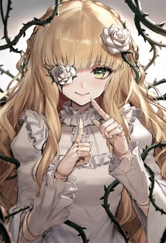 best quality, masterpiece, 1girl, flower, solo, blonde hair, long hair, rose, hair flower, hair ornament, dress, smile, looking at viewer, finger to mouth, green eyes, white flower, white dress, joints, flower over eye, white rose, thorns, index finger raised, doll joints, long sleeves, very long hair, frills, upper body, closed mouth, vines, bangs, plant  <lora:rsefXLlokr4f-000143:0.95>