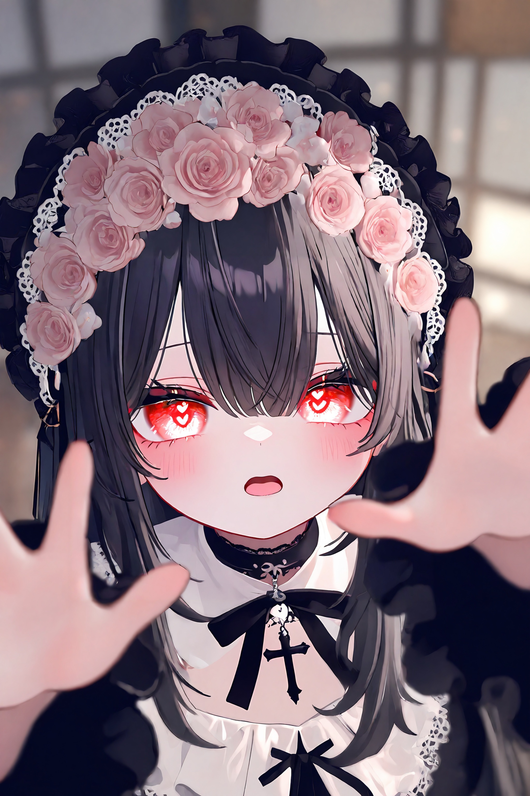 masterpiece,best quality,highly detailed,1girl,solo,red eyes,heart shaped pupils,shining eyes,glowing eyes,heavy eyelashes,large eyes,gradient eyes,looking at viewer,black hair,long hair,bangs,hair flower,pink flower,hair ornament,headdress,frilled headdress,black headdress,open mouth,blush,gothic lolita,black dress,white blouse,frilled sleeves,wide sleeves,flared sleeves,choker,black choker,cross necklace,cross,ribbon,black ribbon,lace,lace trim,reaching towards viewer,arms up,close-up,upper body,depth of field,bokeh,blurry background,<lora:VRC_STYLE-000118:1>,vct_style,