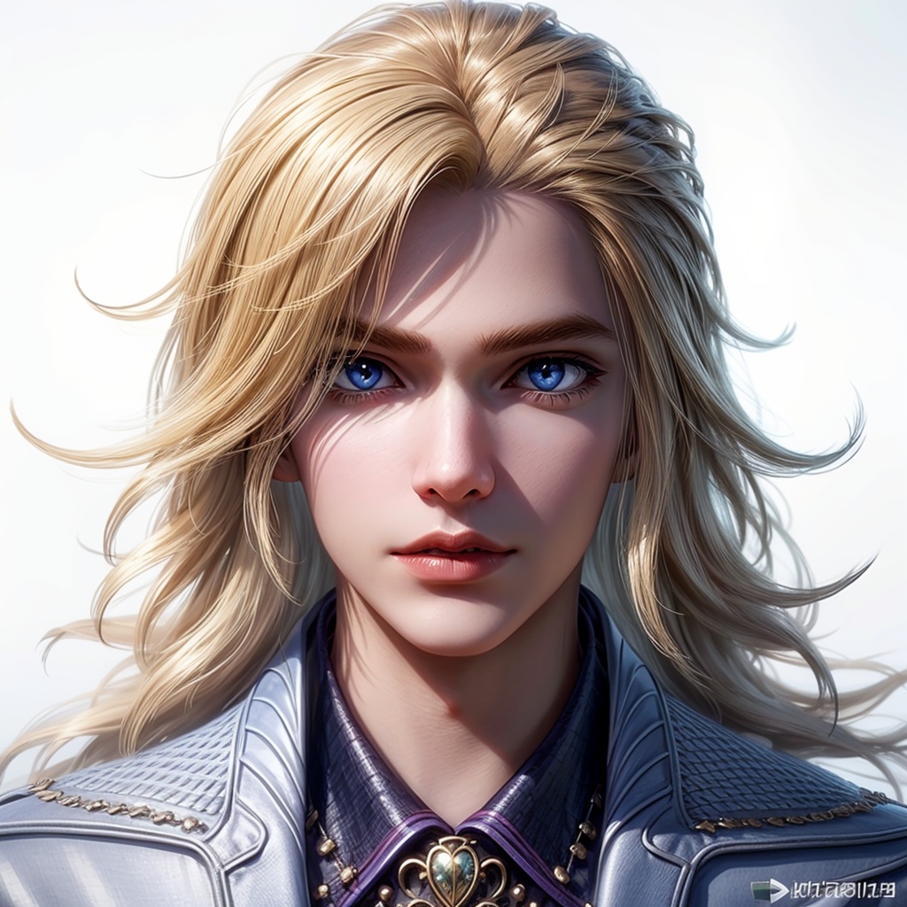 masterpiece,best quality,illustration,anime,simple background,white background,portrait,upper body,1boy,(mature males:1.2),blonde hair,solo,blue eyes,male focus,long hair,looking at viewer,jacket,long sleeves,lips,blue jacket,<lora:add_detail:1>,<lora:青年戴沐白:0.7>,