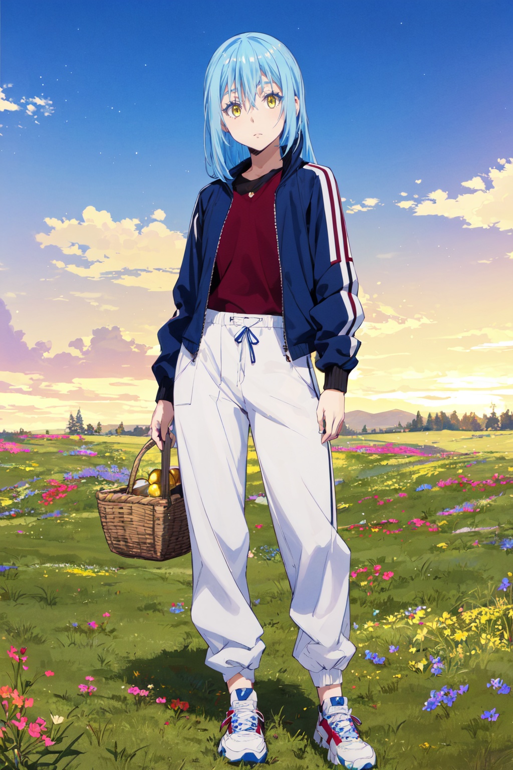 1other,looking at viewer,solo,androgynous,blue hair,long hair,hair between eyes,bangs,yellow eyes,standing,bomber jacket, crew neck sweater, joggers, high-top sneakers,<lora:Rimuru:0.8>,Rimuru_CYQL,bust,beautiful face,beautiful eyes,glossy skin,shiny skin,Meadow, Picnic basket, Afternoon sun, Flowers, Relaxation,beautiful detailed sky,beautiful detailed glow,posing in front of a colorful and dynamic background,masterpiece,best quality,beautiful and aesthetic,contrapposto,female focus,wallpaper,fashion,